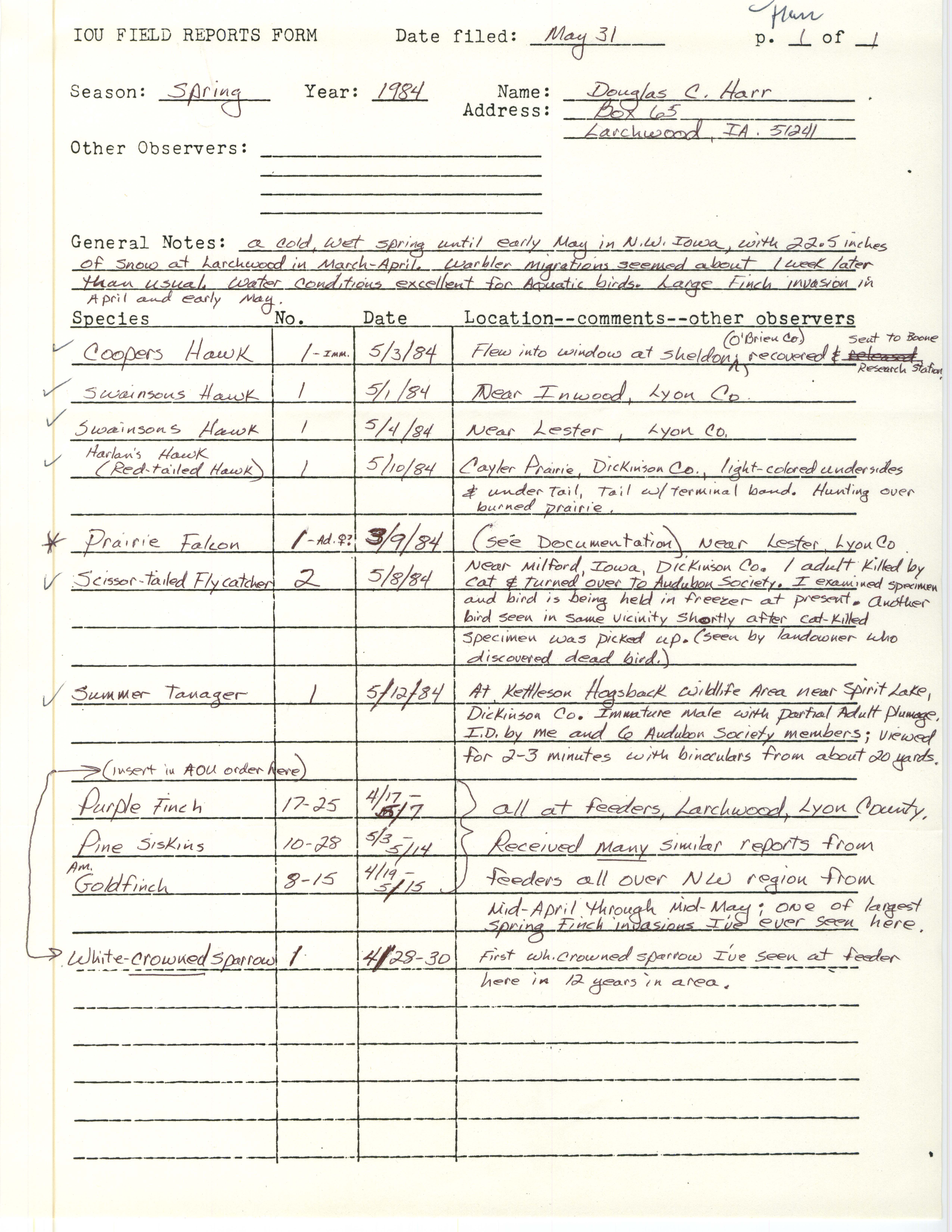 Field notes contributed by Douglas C. Harr, Larchwood, Iowa, May 31, 1984