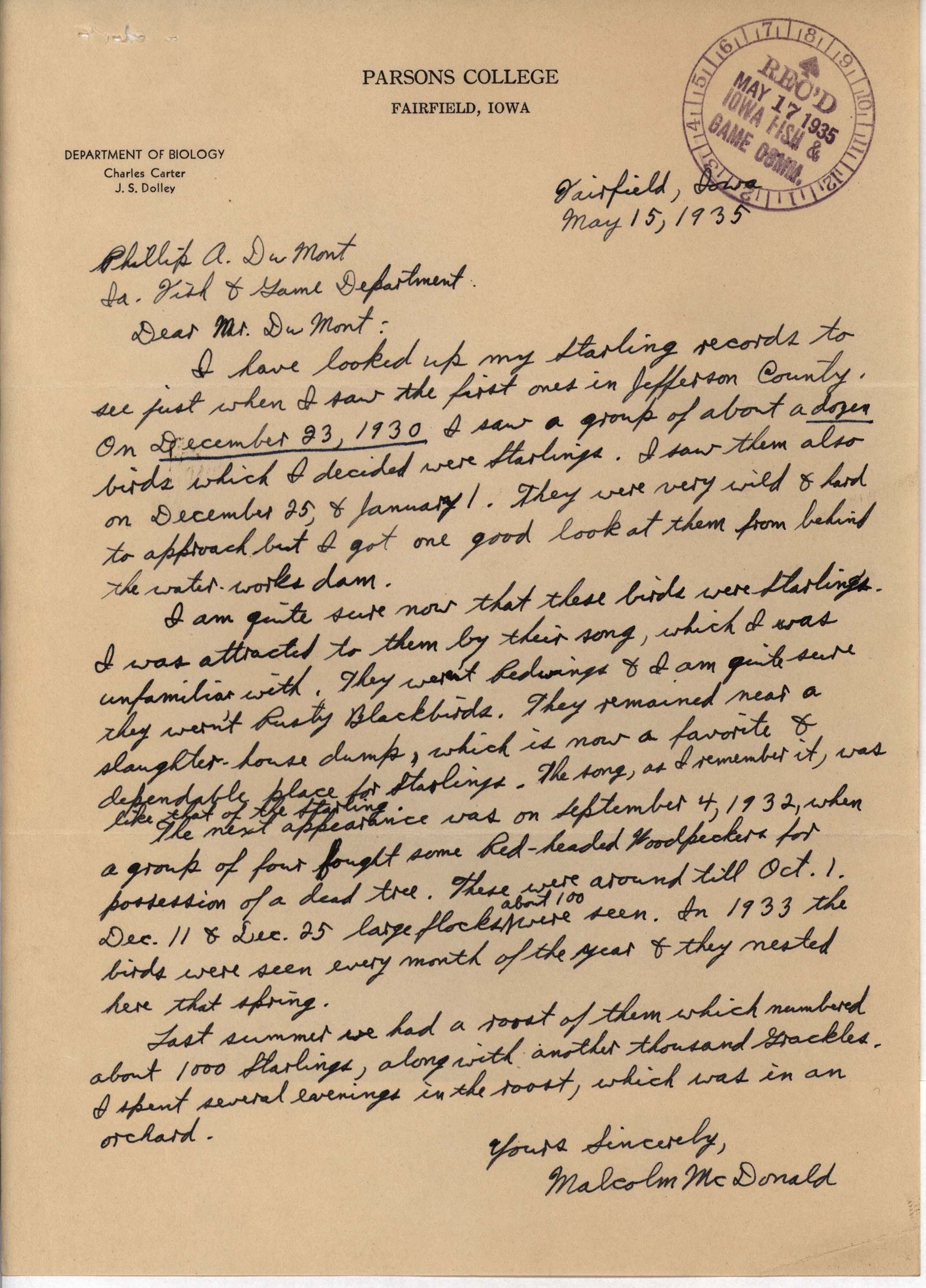 Malcolm McDonald letter to Philip DuMont regarding Starling sightings, May 15, 1935