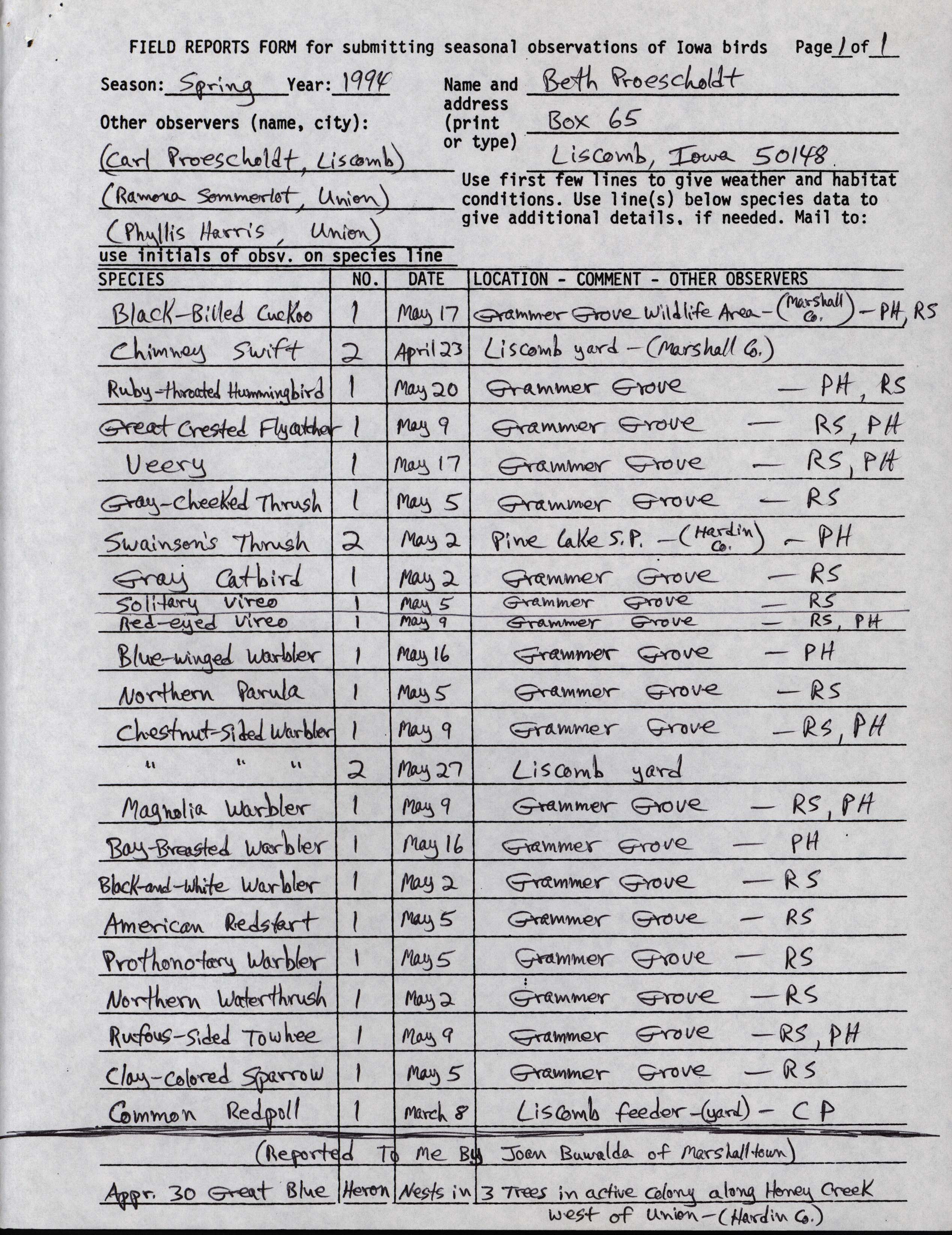 Field reports form for submitting seasonal observations of Iowa birds, Beth Proescholdt, Spring 1994