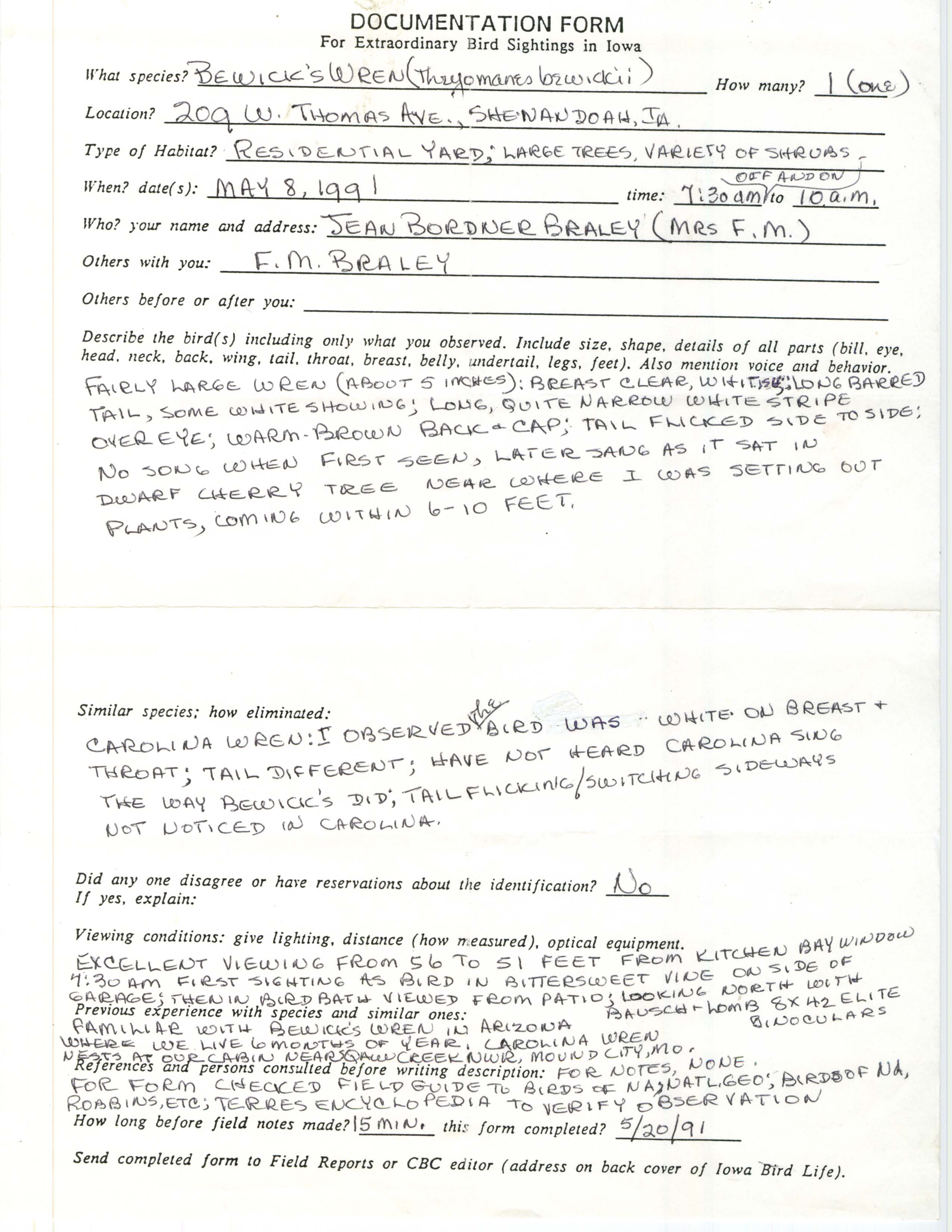 Rare bird documentation form for Bewick's Wren at Shenandoah, 1991