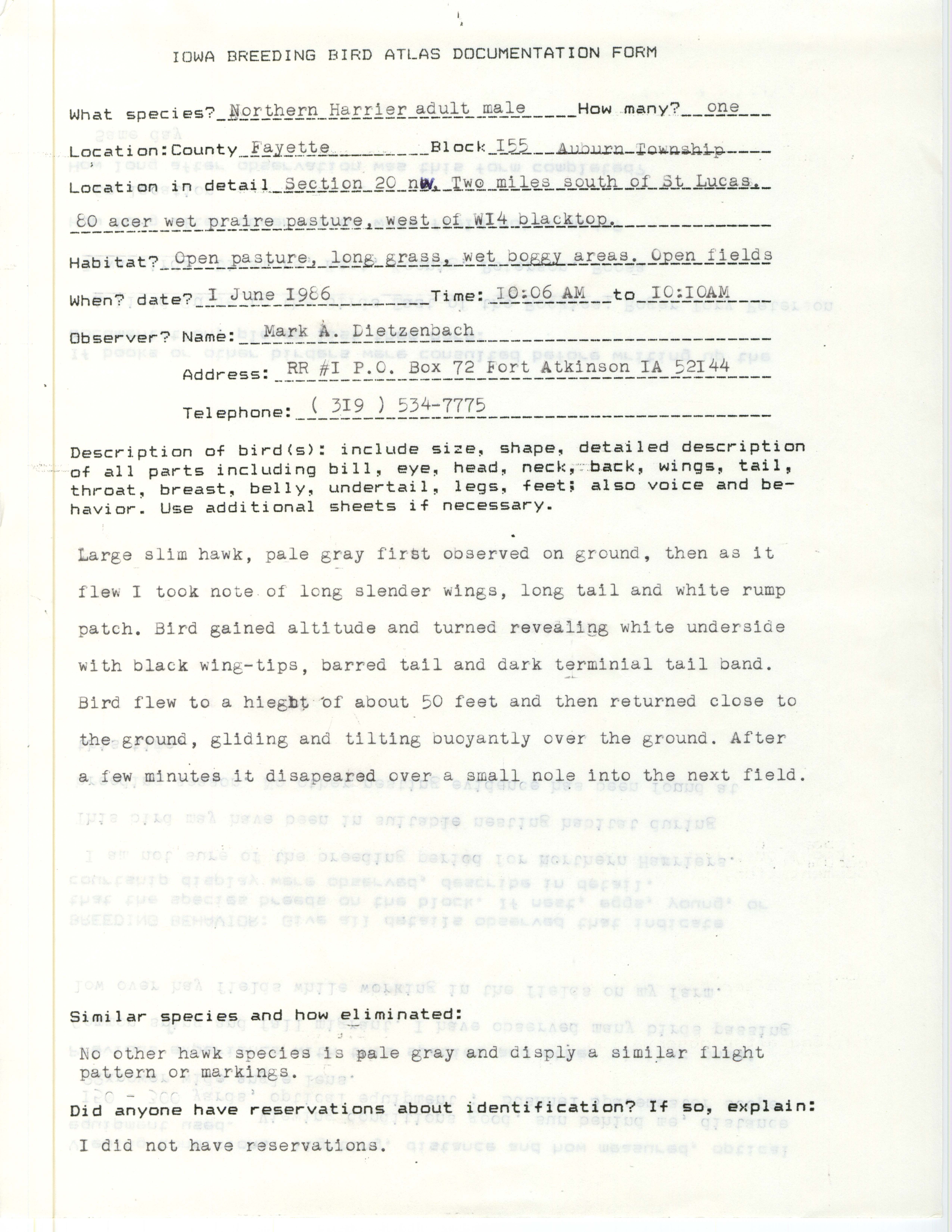 Iowa Breeding Bird Atlas documentation form, Mark A. Dietzenbach, June 1, 1986