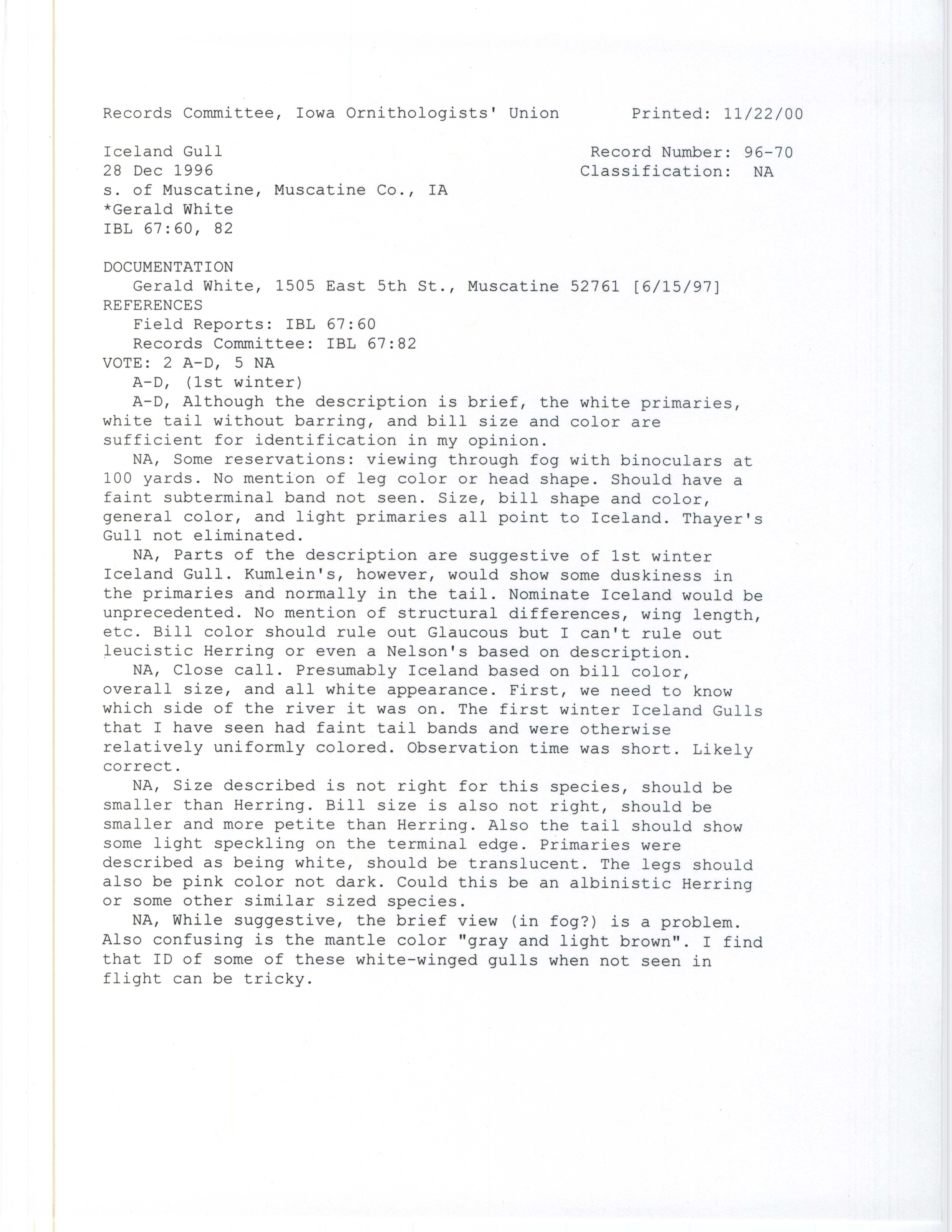 Records Committee review for rare bird sighting of Iceland Gull south of Muscatine, 1996