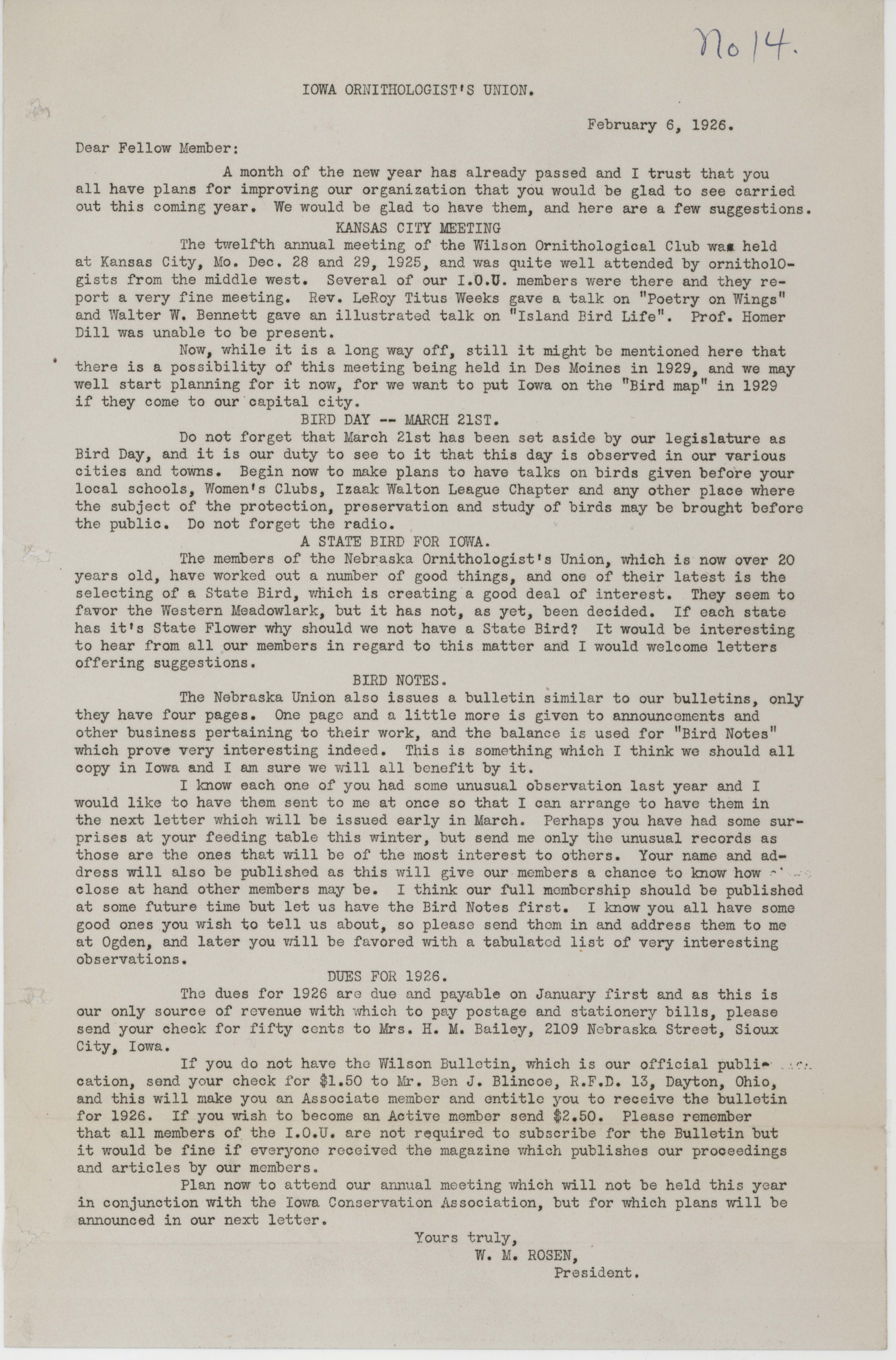 Letter to members of the Iowa Ornithologists' Union regarding future activities, February 6,1926