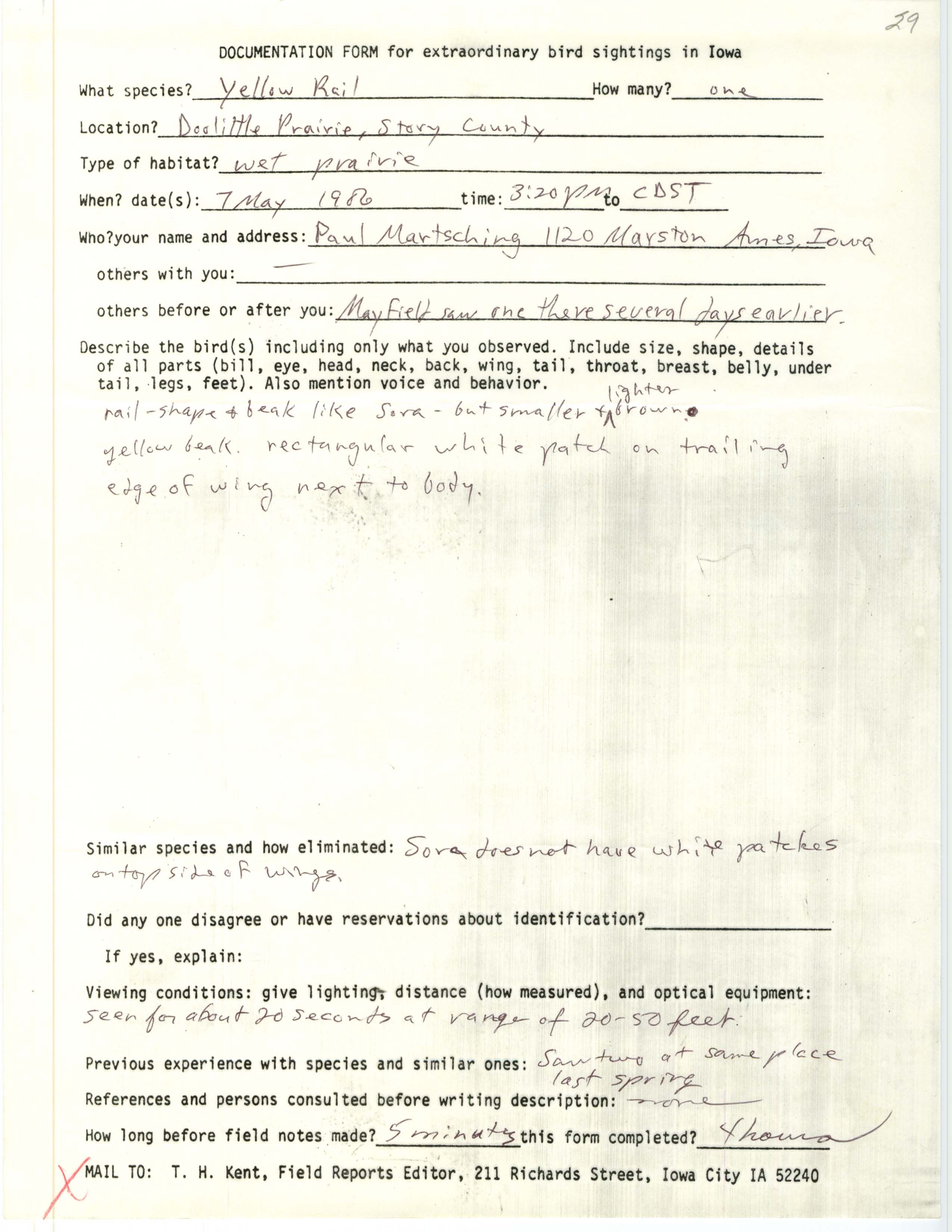 Rare bird documentation form for Yellow Rail at Doolittle Prairie, 1986