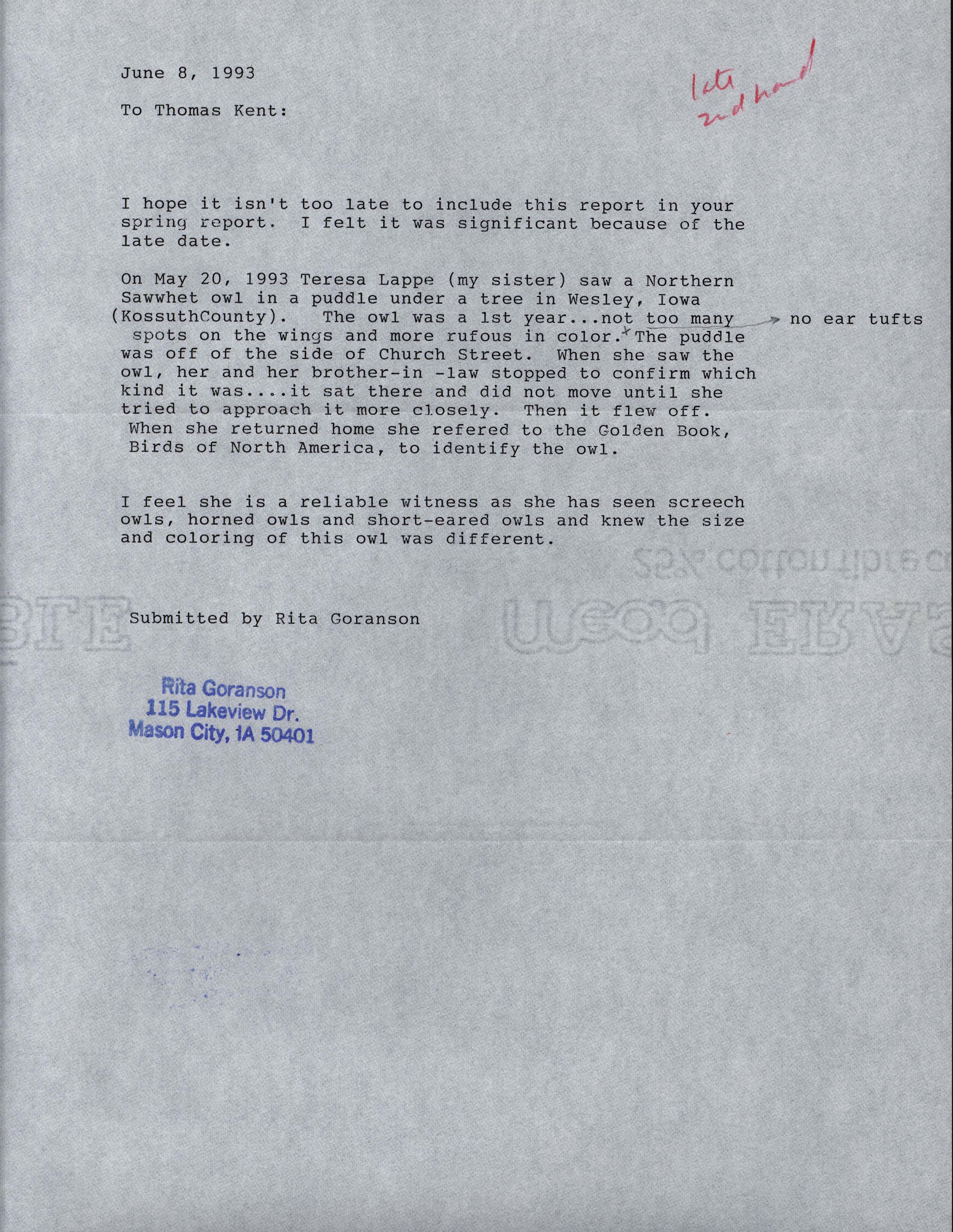 Rita Goranson letter to Thomas Kent regarding  Northern Saw-whet Owl sighting, June 8, 1993