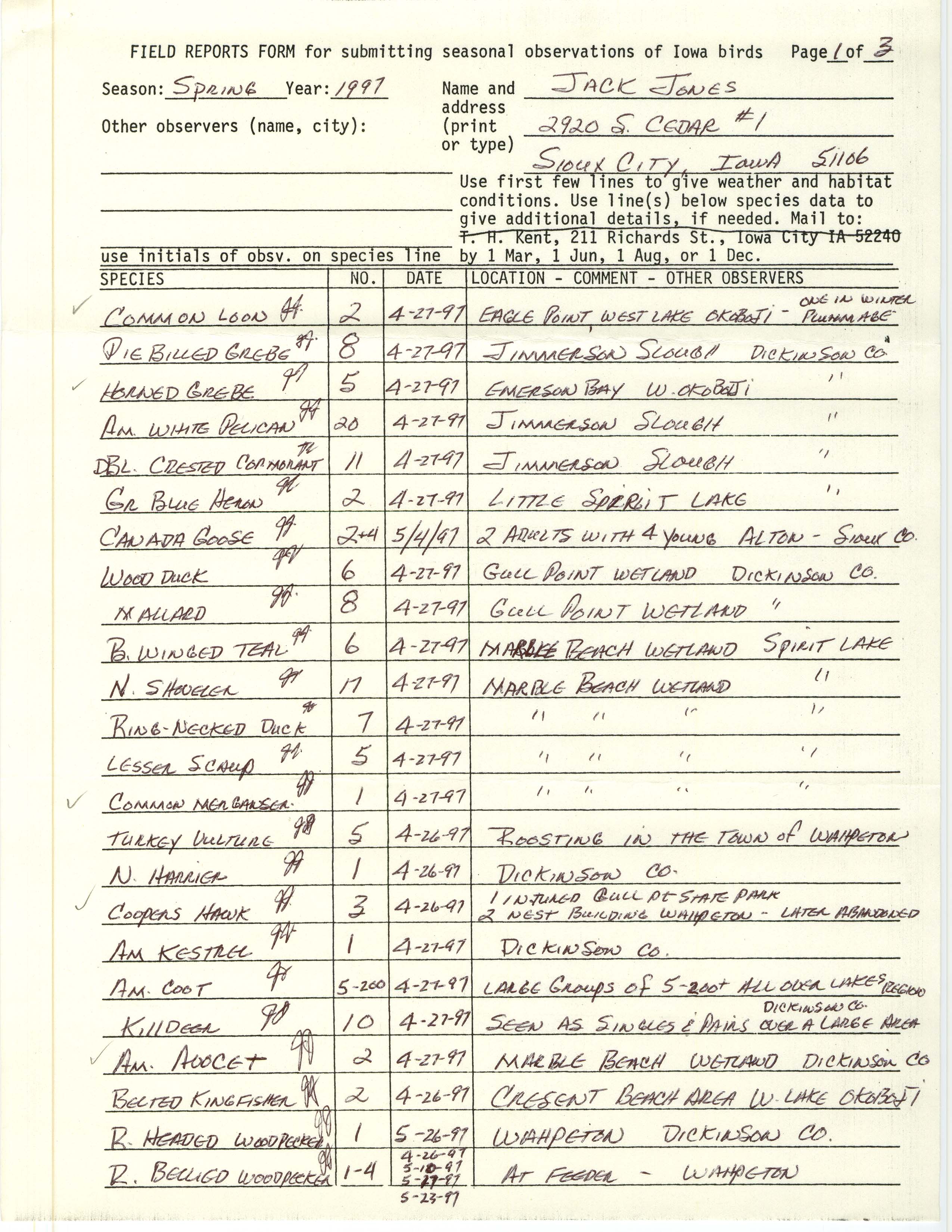 Field reports form for submitting seasonal observations of Iowa birds, Jack Jones, spring 1997