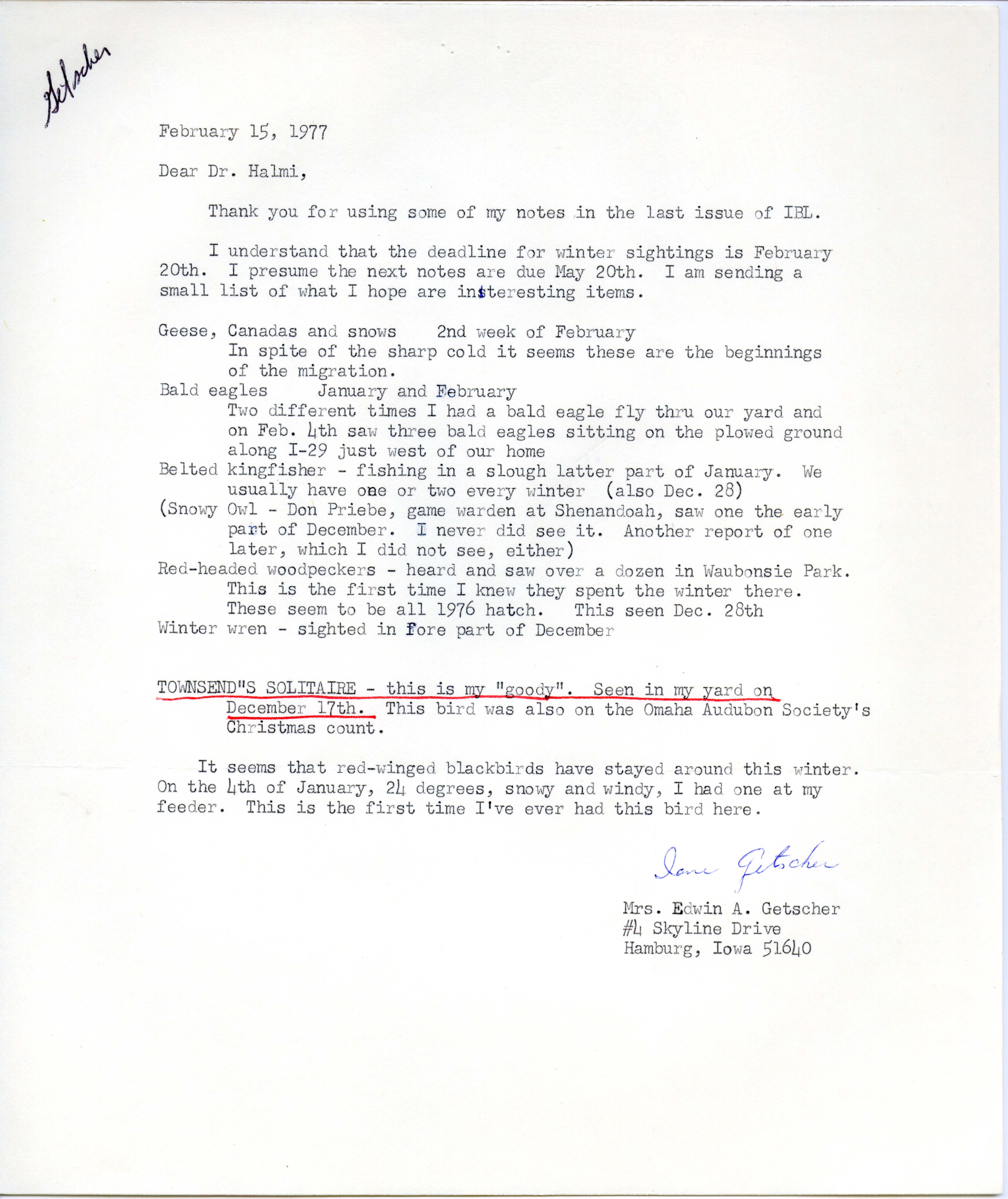 Ione Getscher letter to Nicholas S. Halmi regarding bird sightings, February 15, 1977