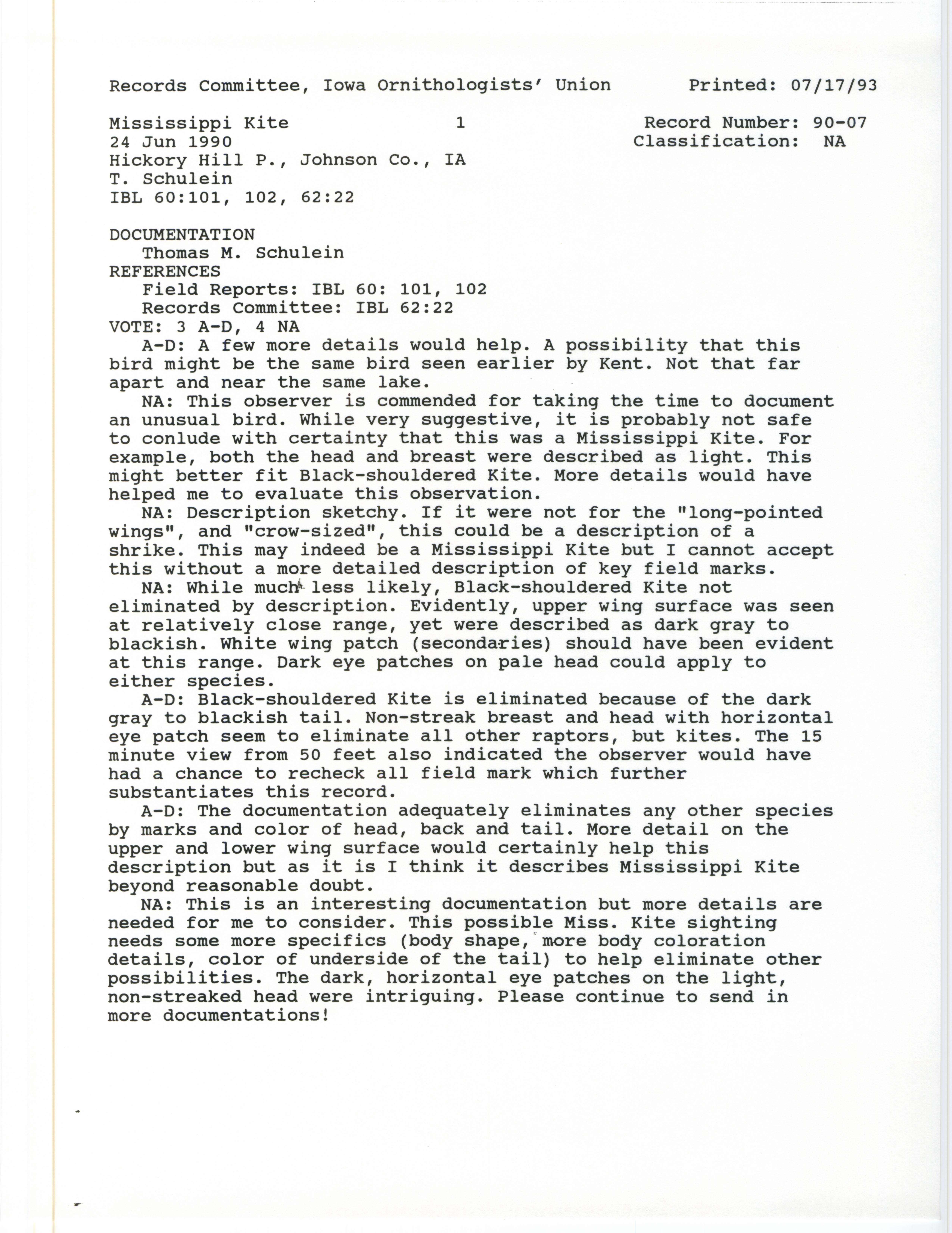 Records Committee review for rare bird sighting of Mississippi Kite at Hickory Hill Park, 1990