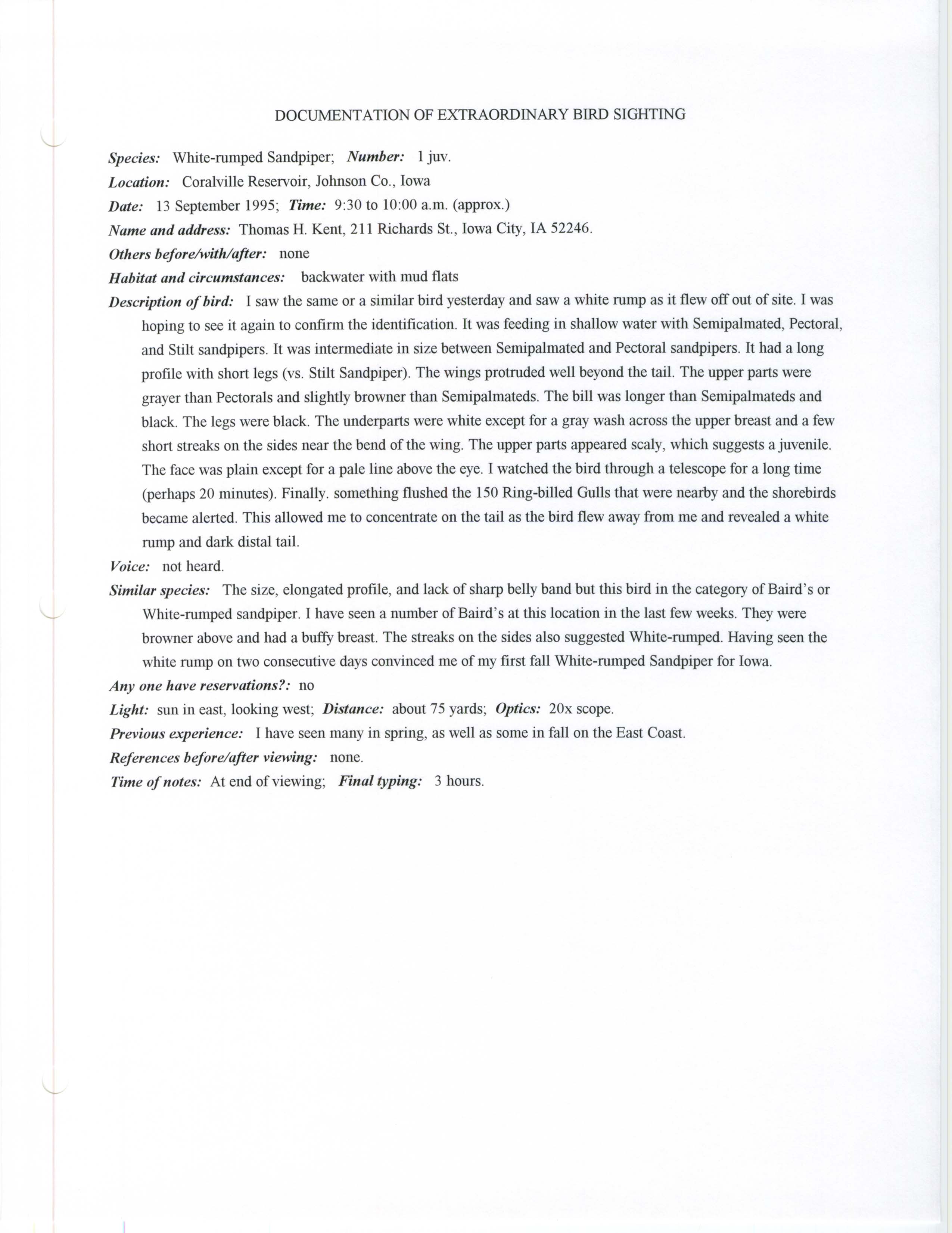 Rare bird documentation form for White-rumped Sandpiper at Coralville Reservoir, 1995