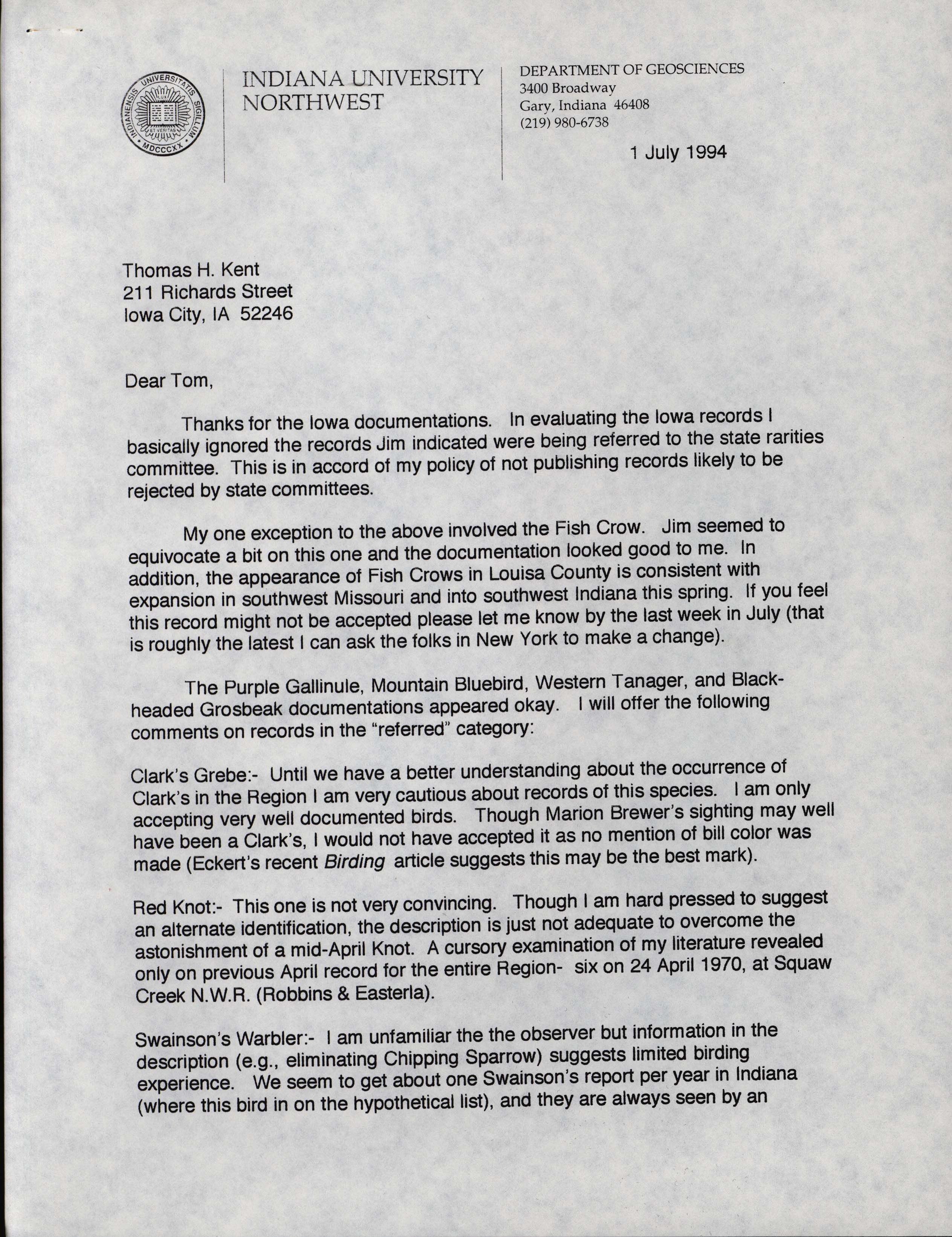 Kenneth Brock letter to Thomas Kent regarding Iowa records, July 1, 1994