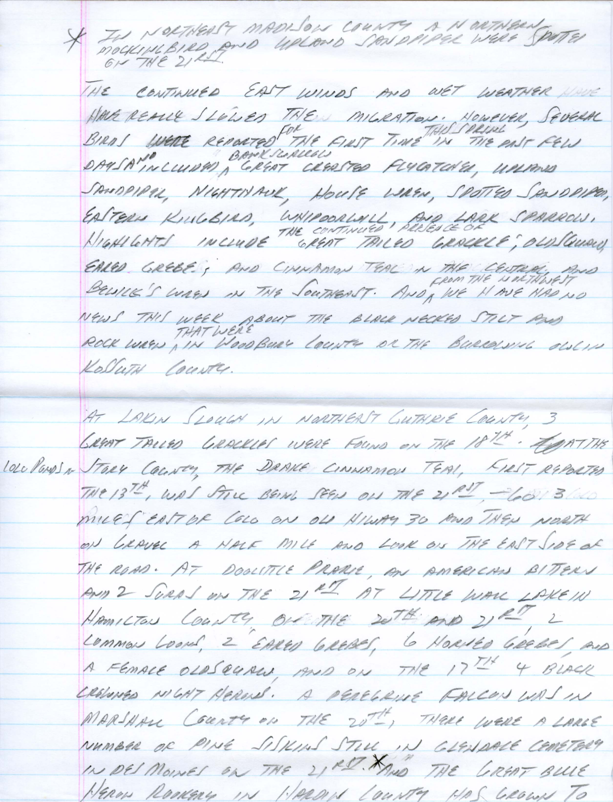 Iowa Birdline update, April 22, 1991 notes