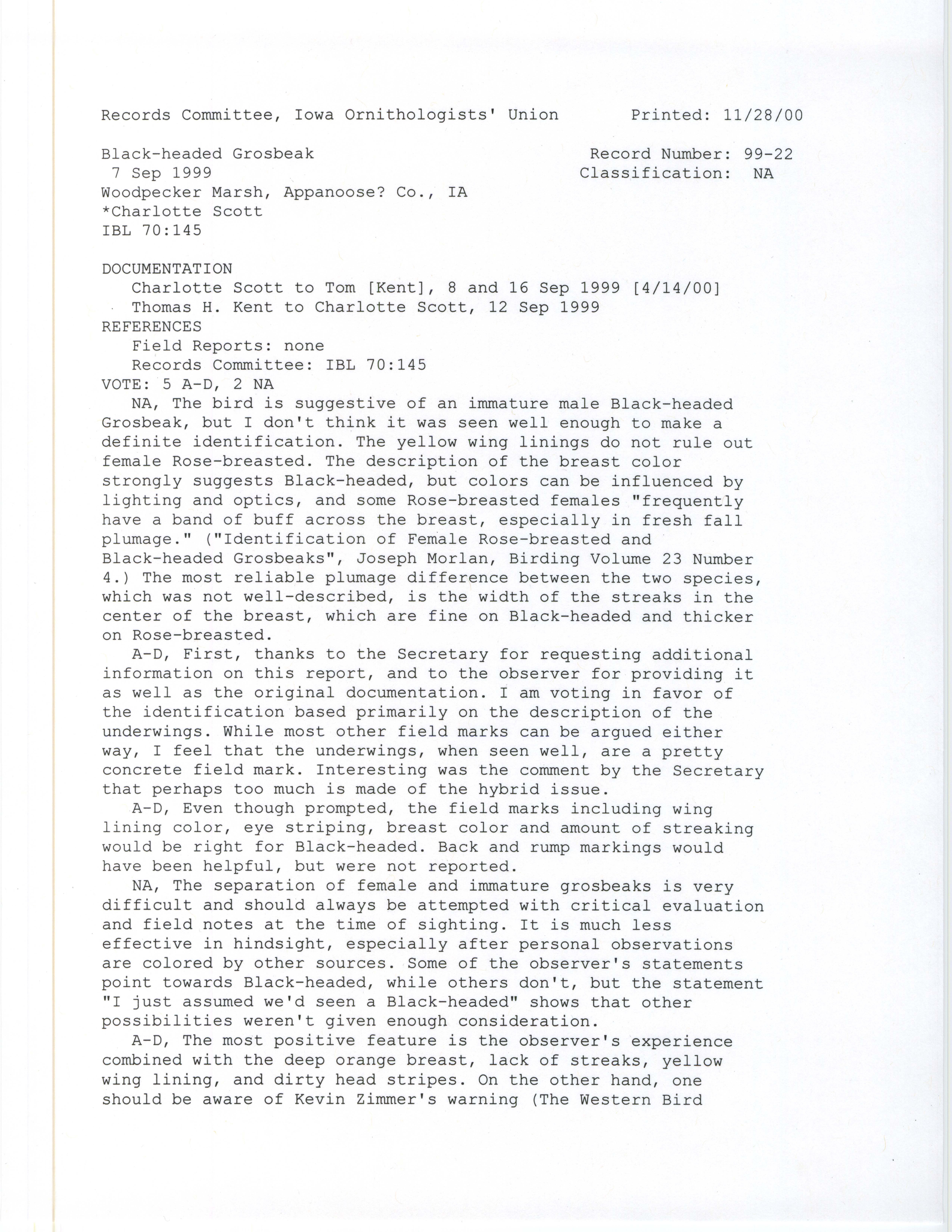 Records Committee review for rare bird sighting for Black-headed Grosbeak at Woodpecker Marsh, 1999