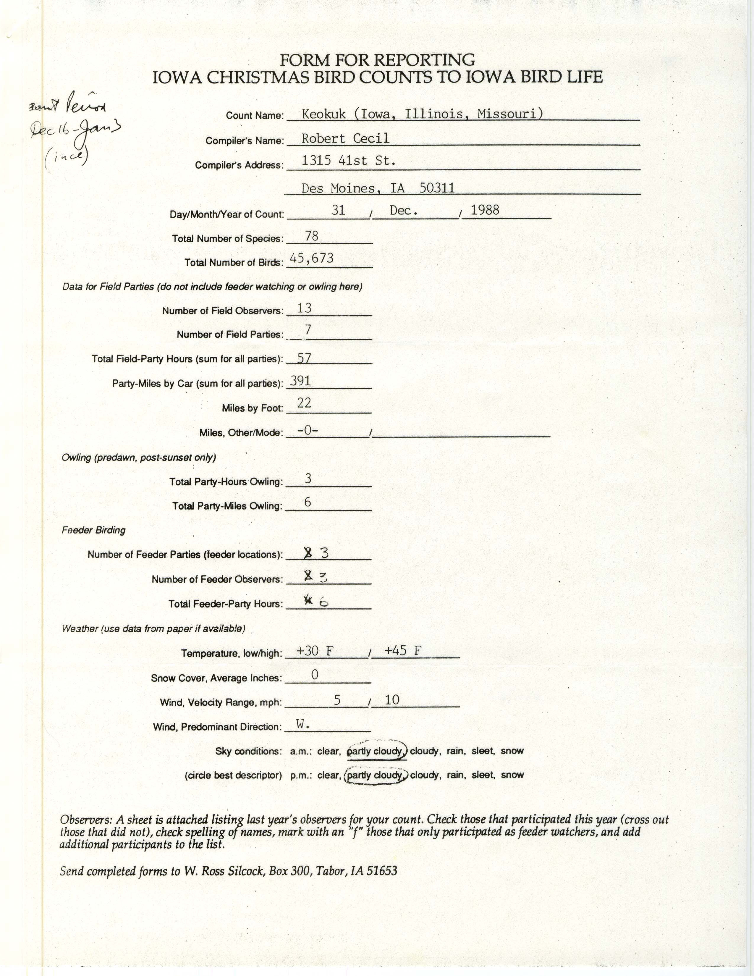 Form for reporting Iowa Christmas bird counts to Iowa Bird Life, Robert I. Cecil, December 31, 1988
