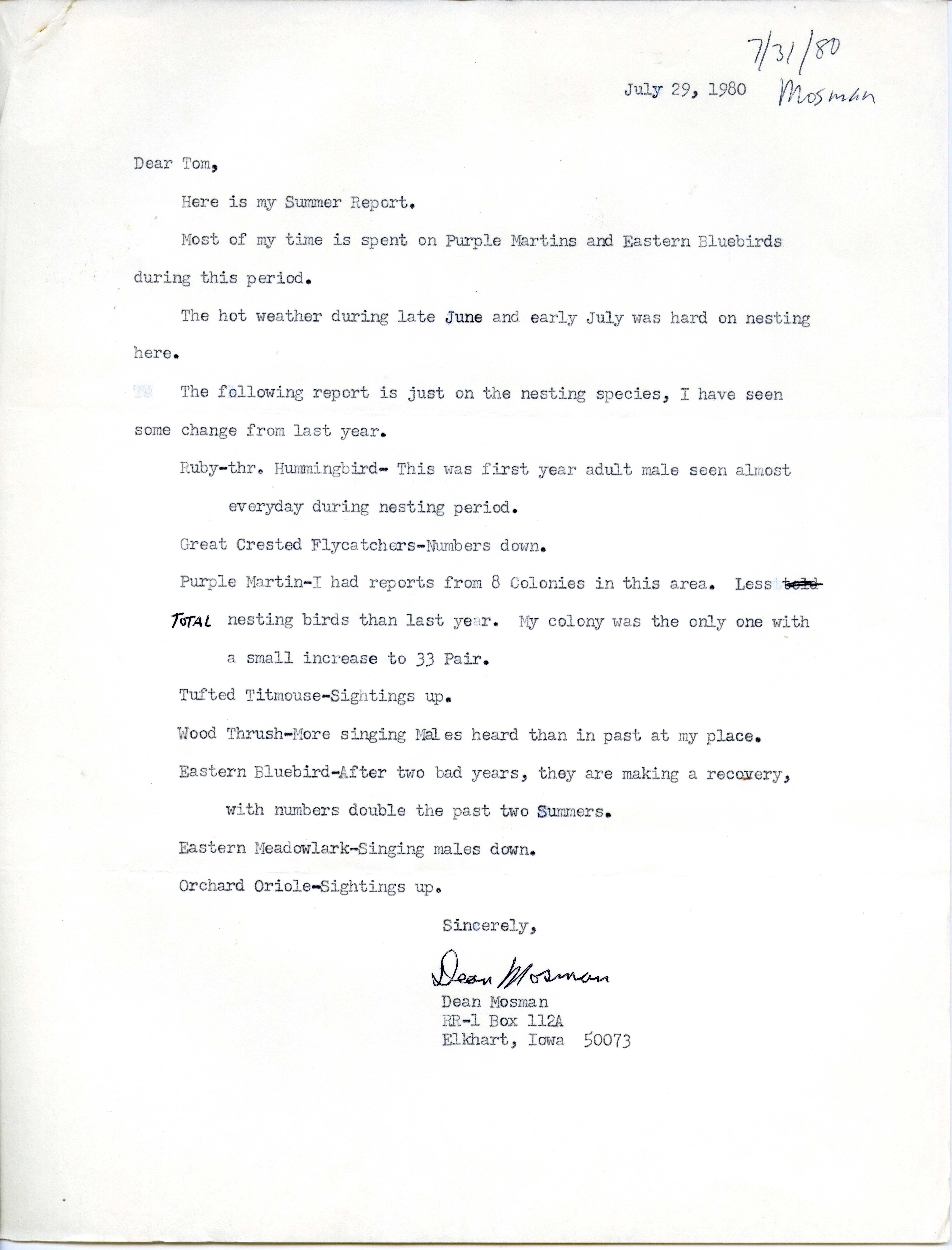 Dean Mosman letter to Thomas H. Kent regarding bird sightings, July 29, 1980