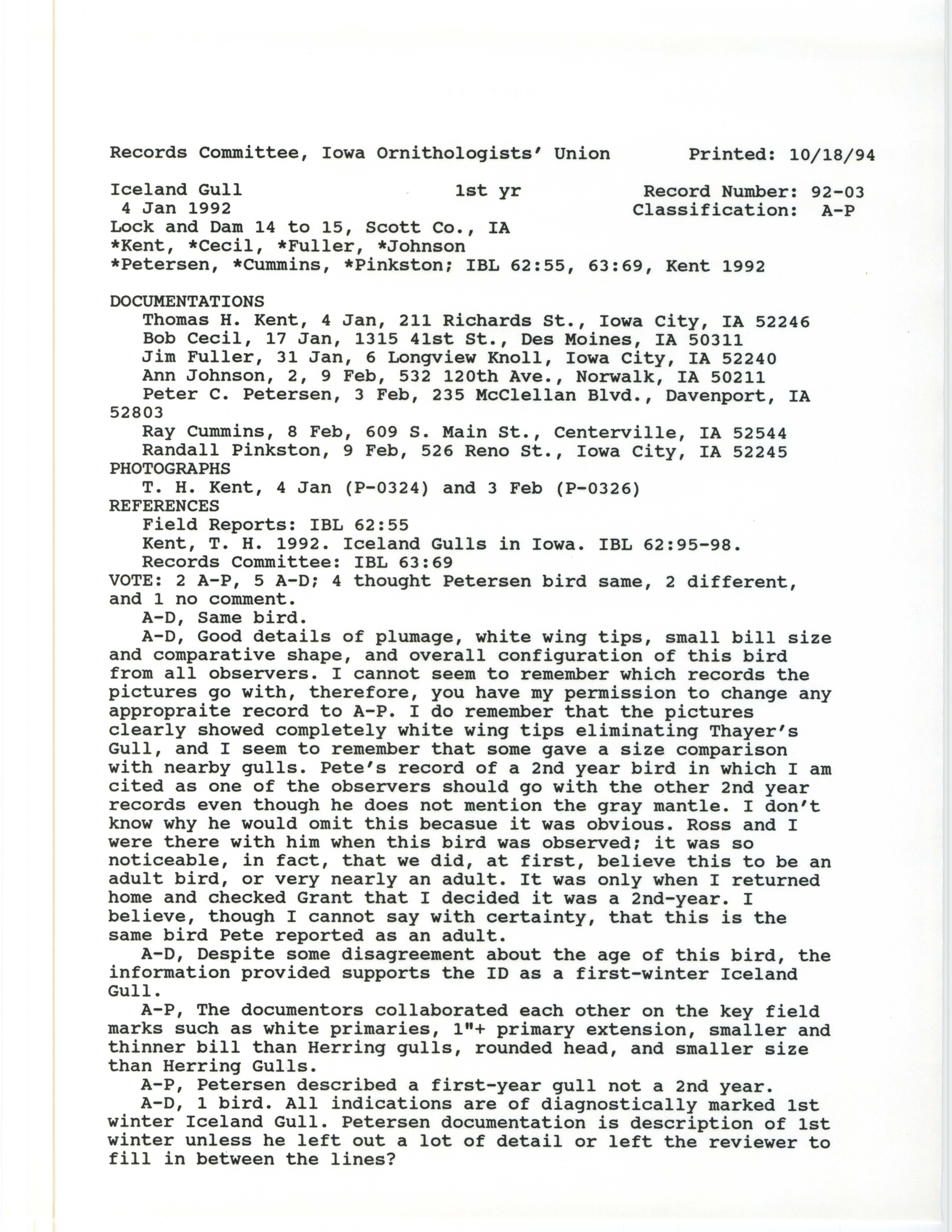 Records Committee review for rare bird sighting of Iceland Gull at Lock and Dam 14, 1992