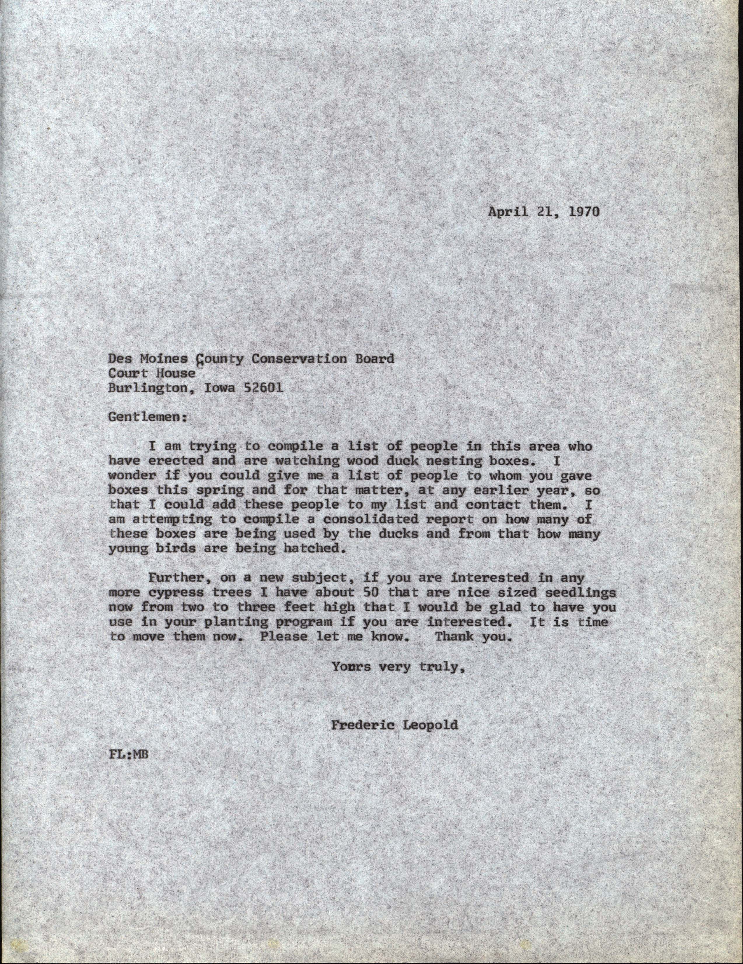 Frederic Leopold letter to the Des Moines County Conservation Board regarding Wood Duck houses, April 21, 1970