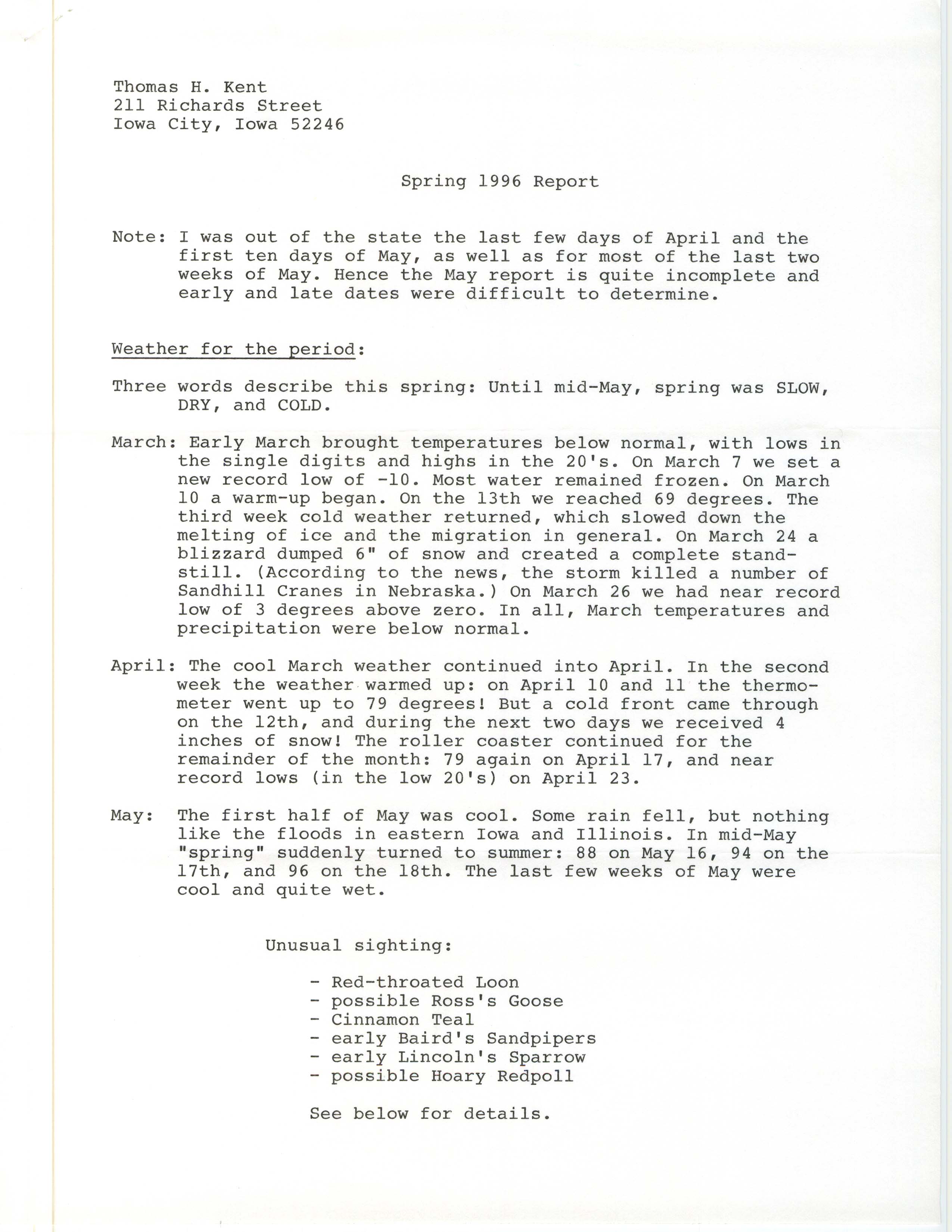 Field notes contributed by John Van Dyk, spring 1996
