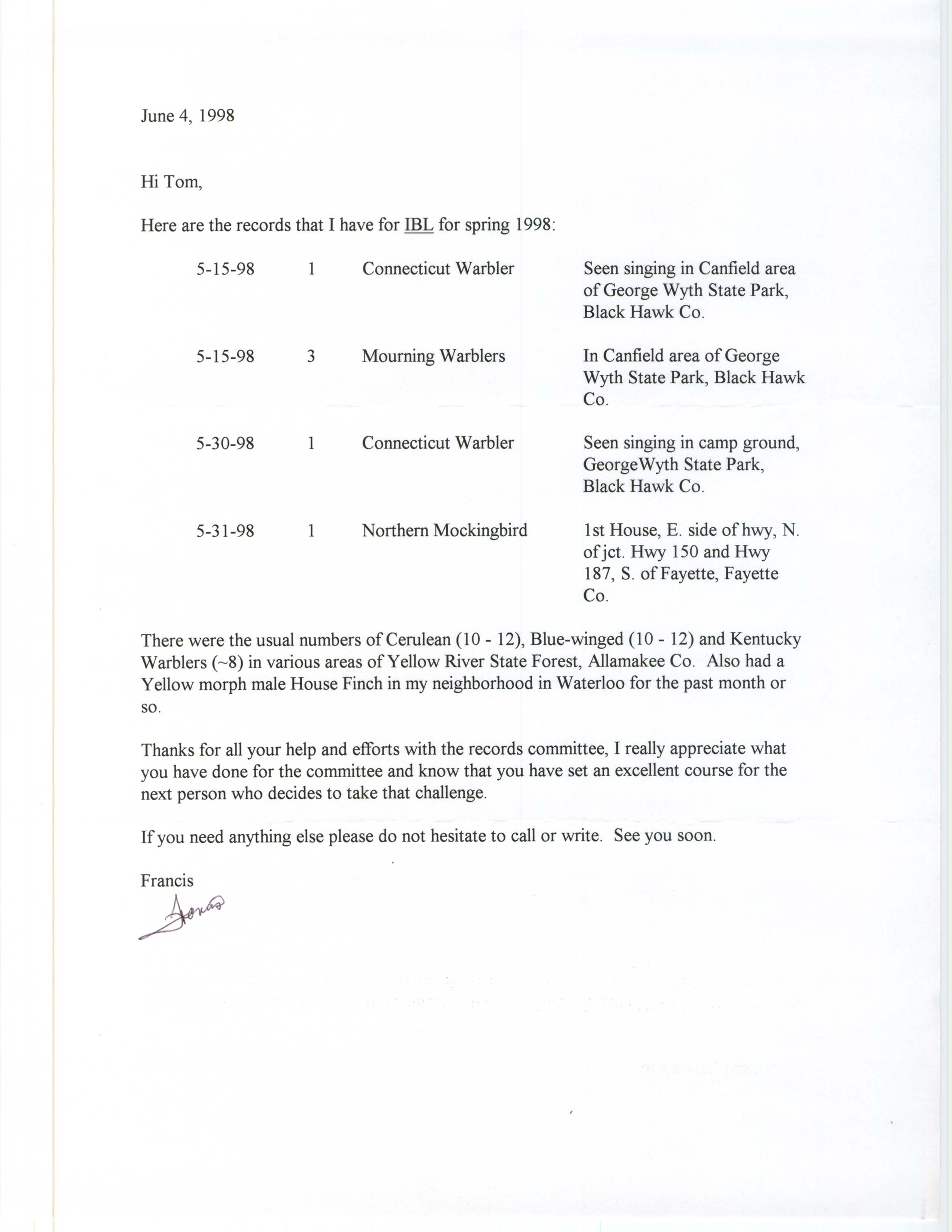 Francis Moore letter to Thomas Kent regarding spring 1998 sightings, June 4, 1998