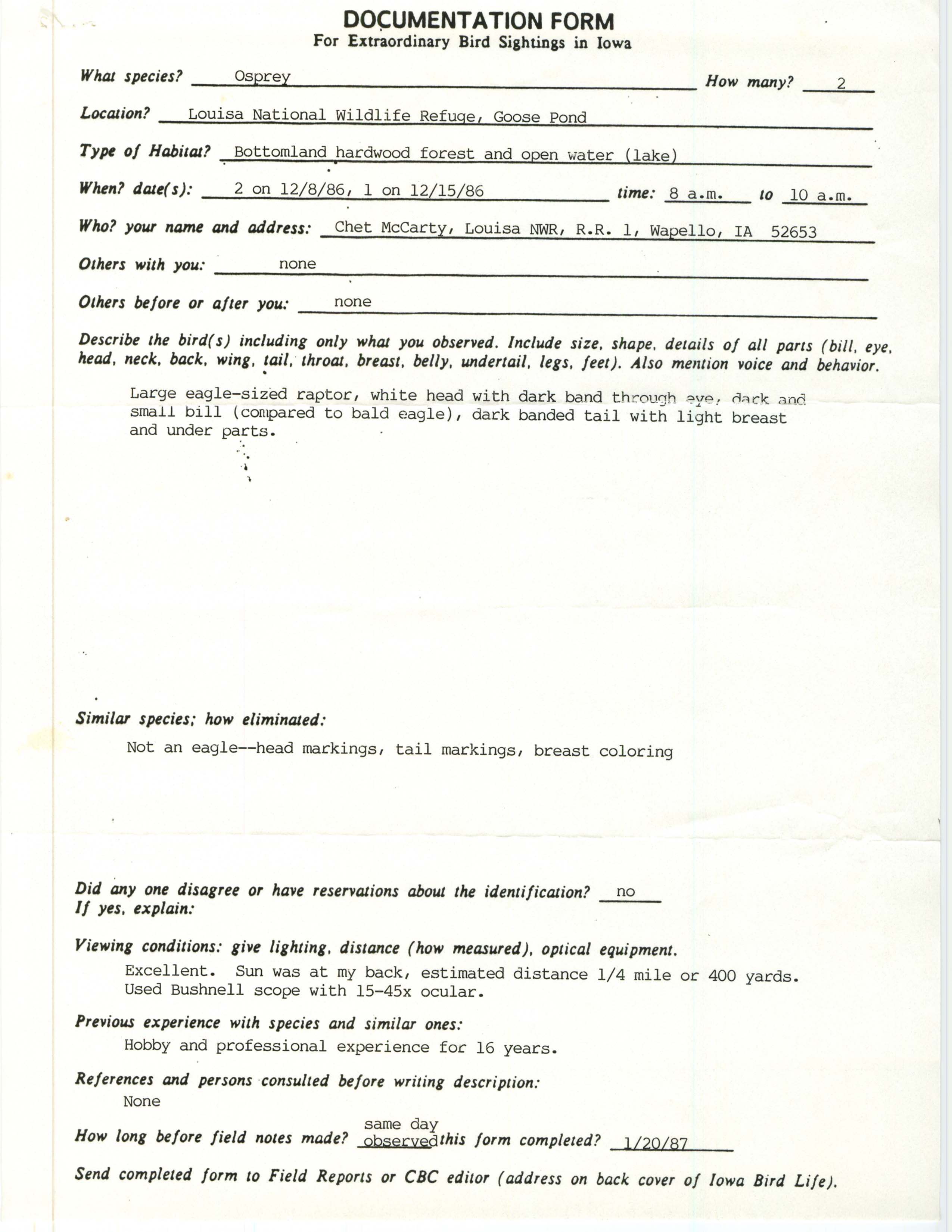 Rare bird documentation form for Osprey at Goose Pond at Louisa National Wildlife Refuge in 1986