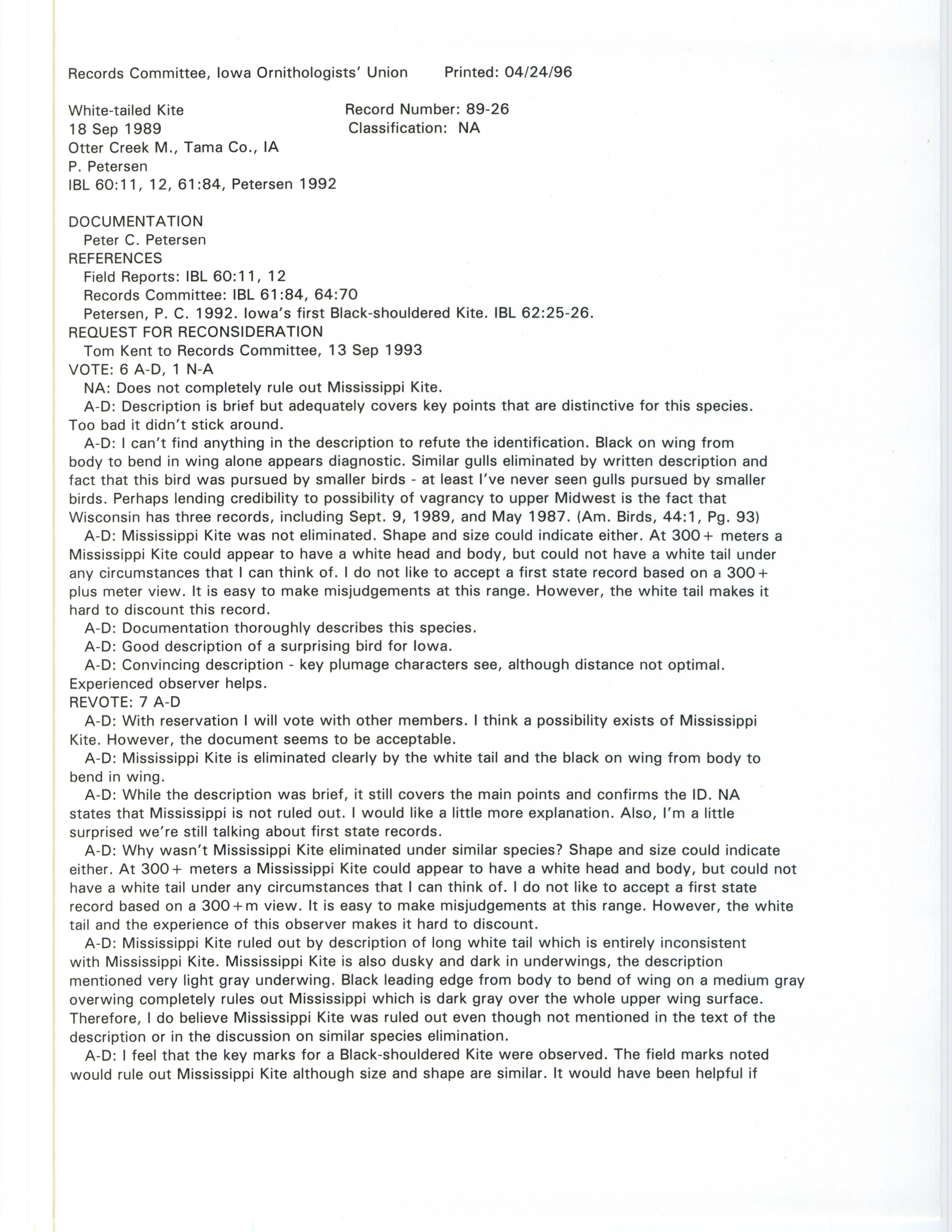 Records Committee review for rare bird sighting of White-tailed Kite at Otter Creek Marsh, 1989