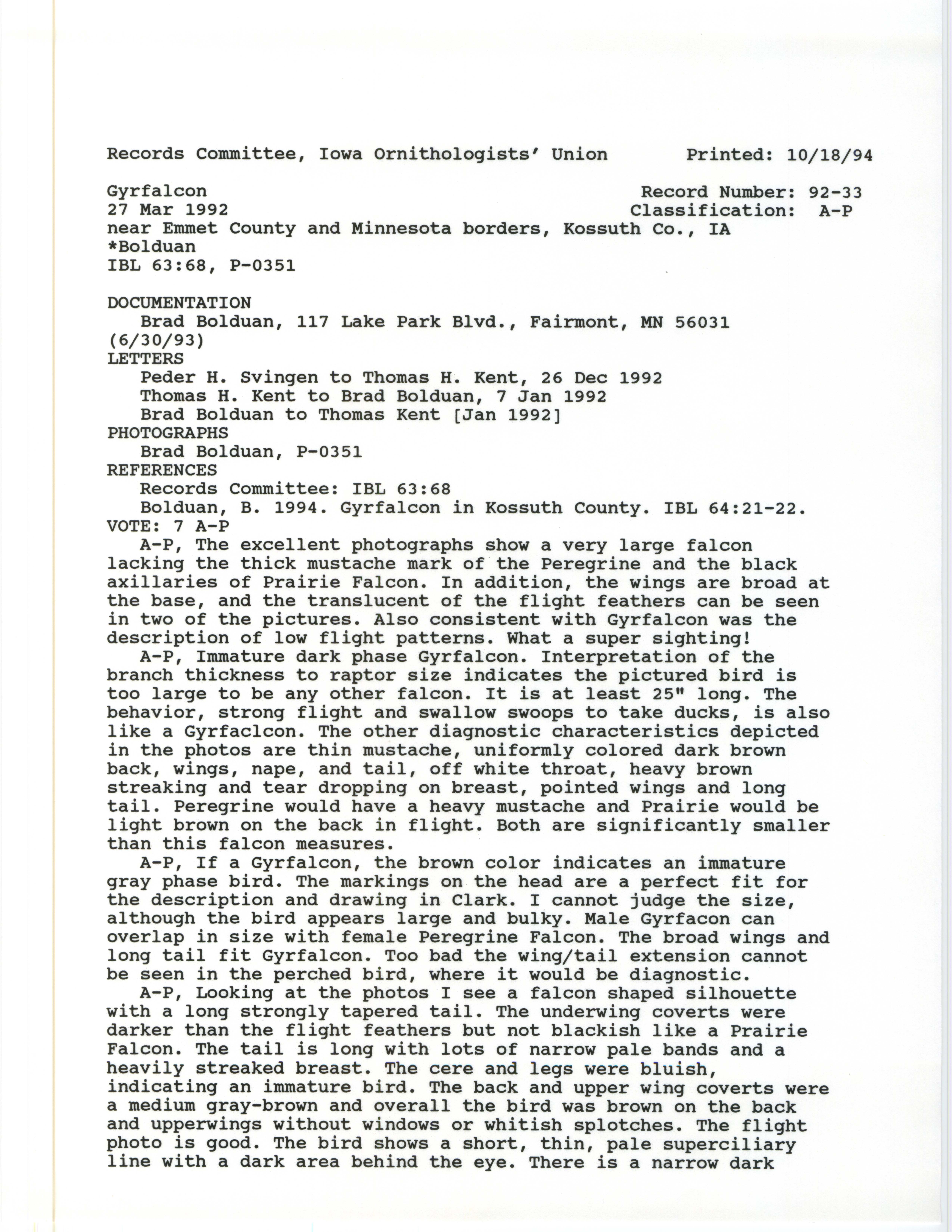 Records Committee review for rare bird sighting for Gyrfalcon at Iowa Lake Wildlife Management Area in 1992