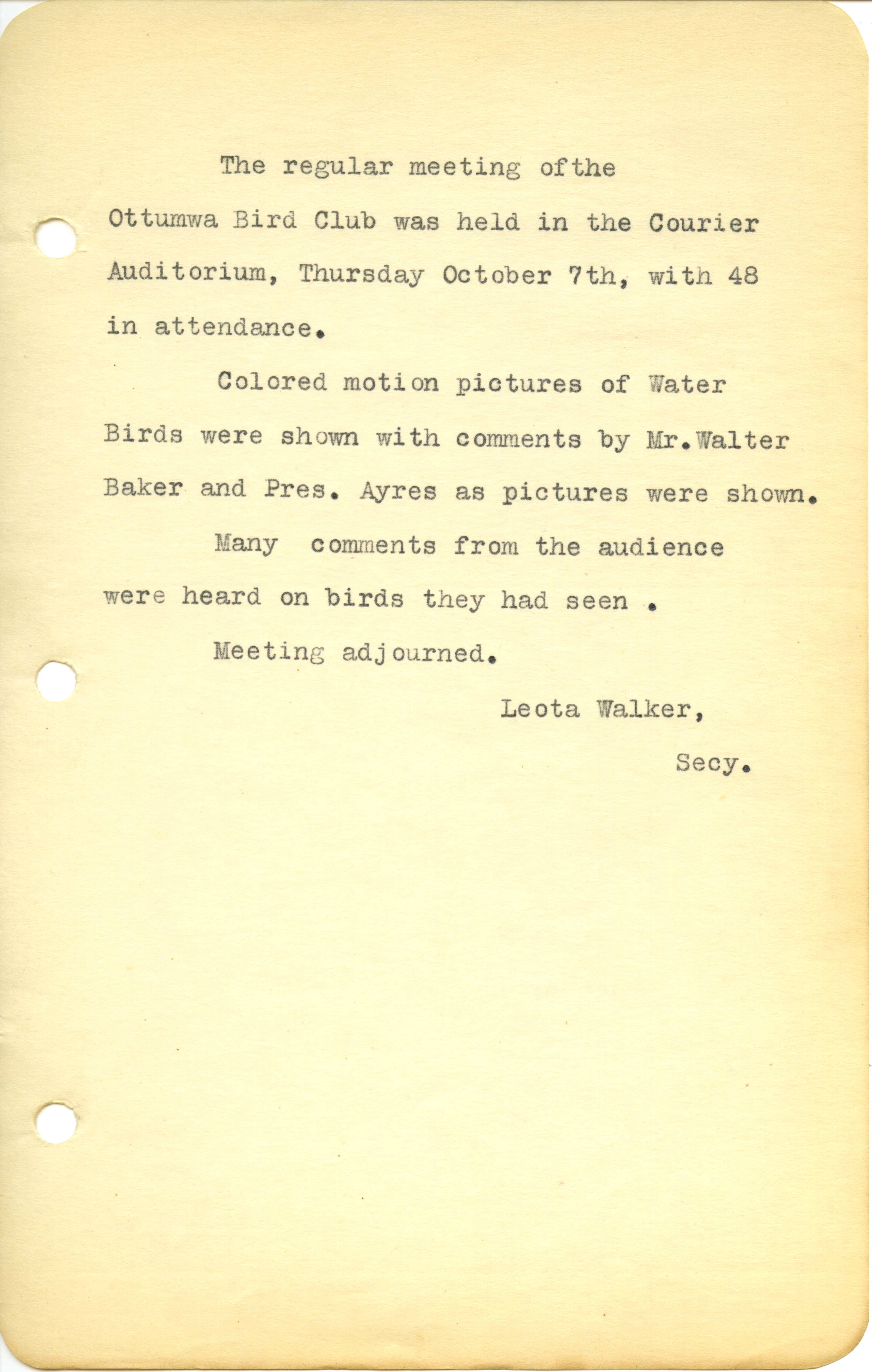 Ottumwa Bird Club meeting minutes, October 7, 1943