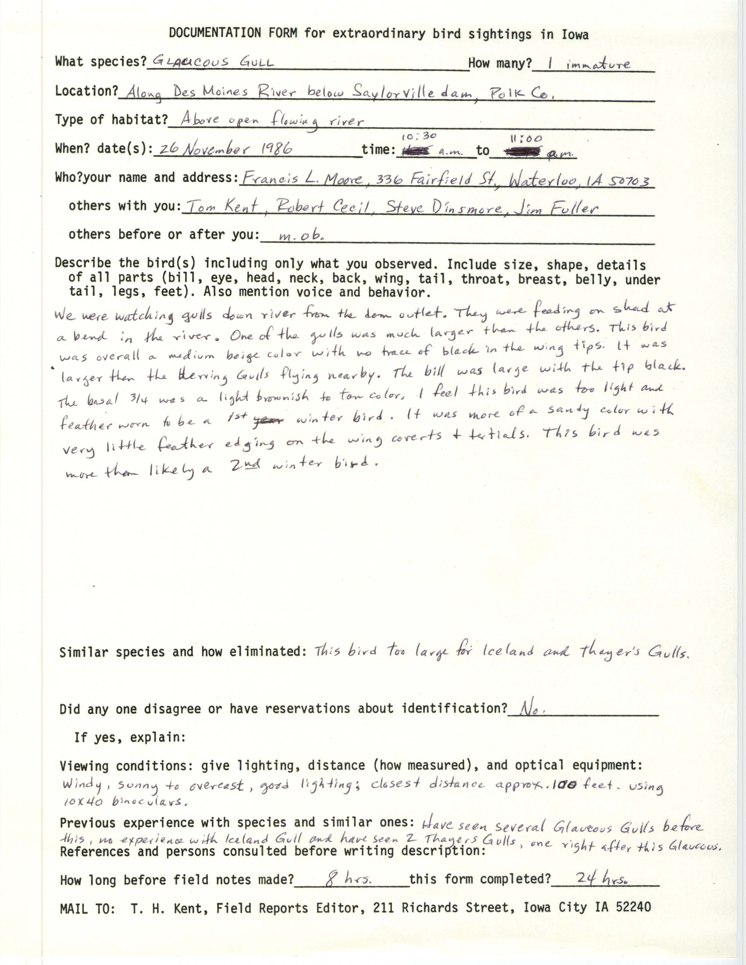 Rare bird documentation form for Glaucous Gull at Saylorville Dam, 1986