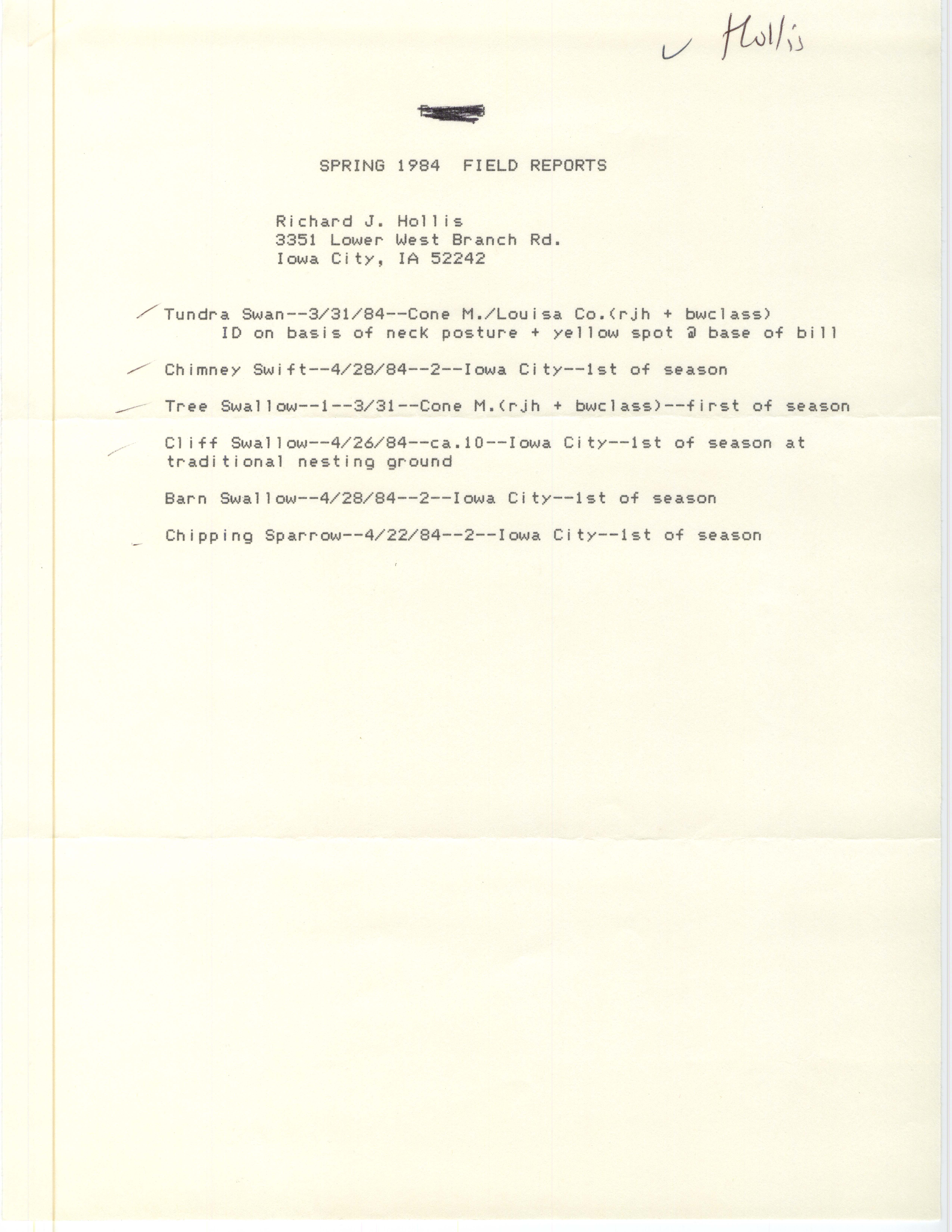 Spring 1984 field reports contributed by Richard Jule Hollis