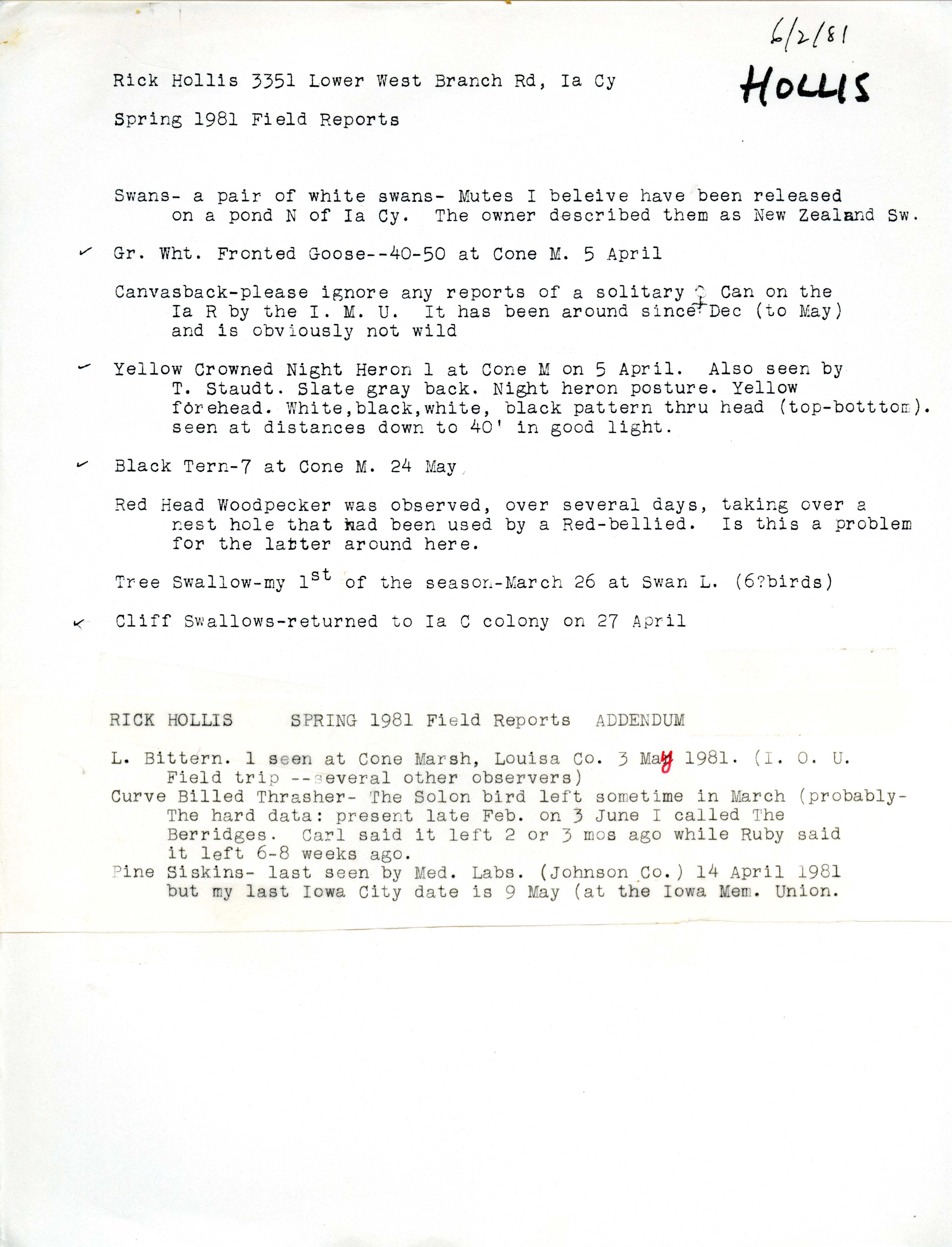 Spring 1981 field reports