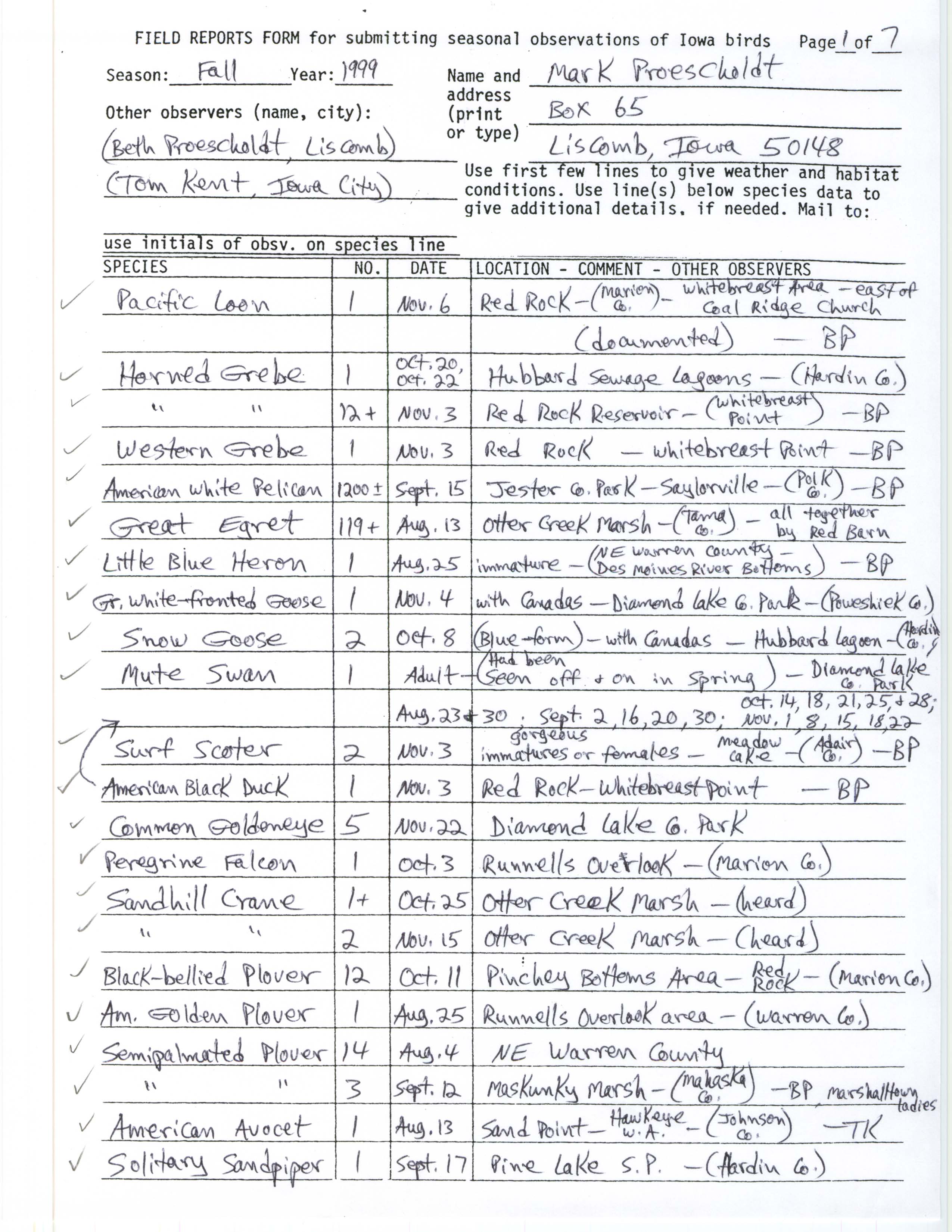 Field reports form for submitting seasonal observations of Iowa birds, fall 1999, Mark Proescholdt