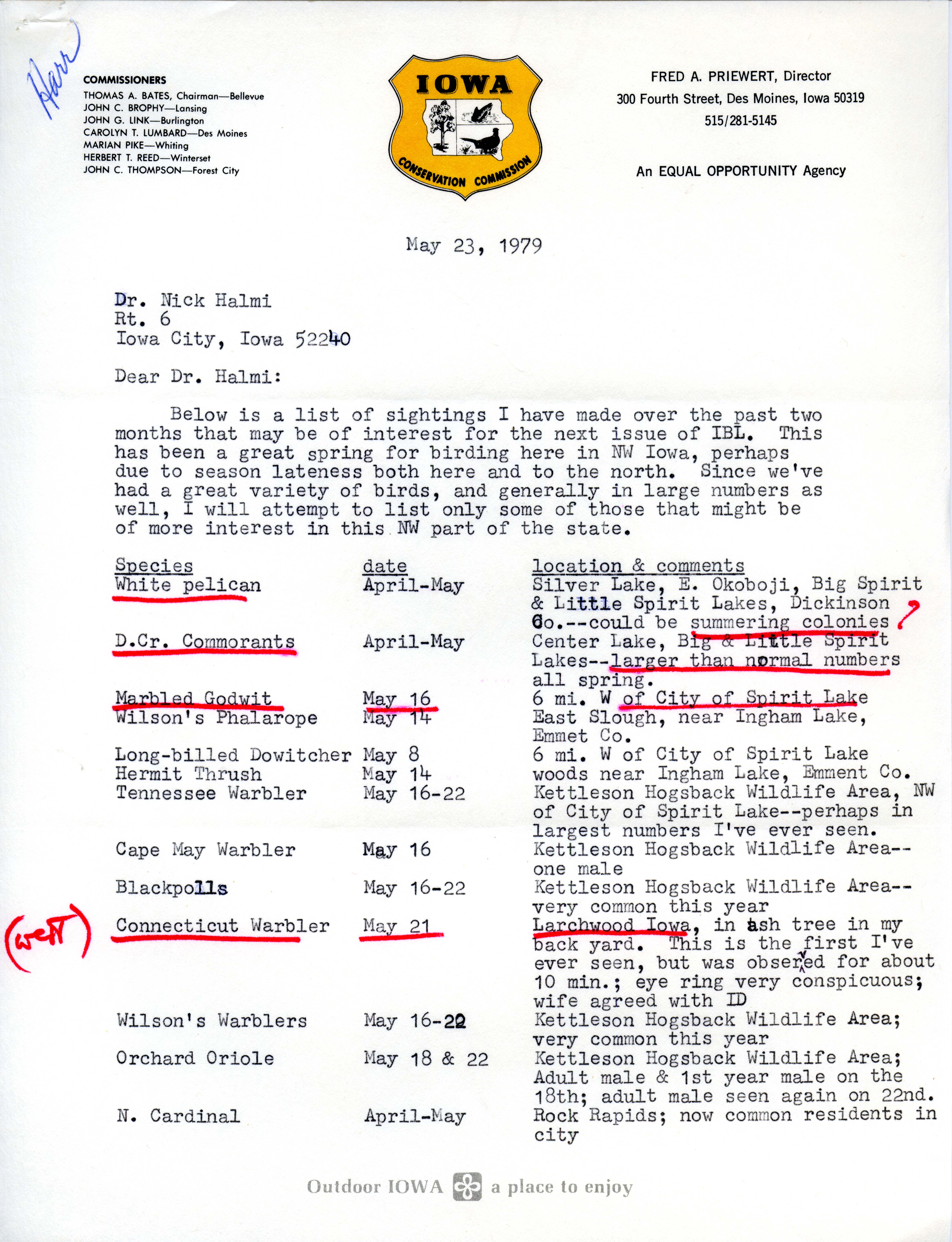 Douglas C. Harr letter to Nicholas S. Halmi regarding spring bird sightings, May 23, 1979