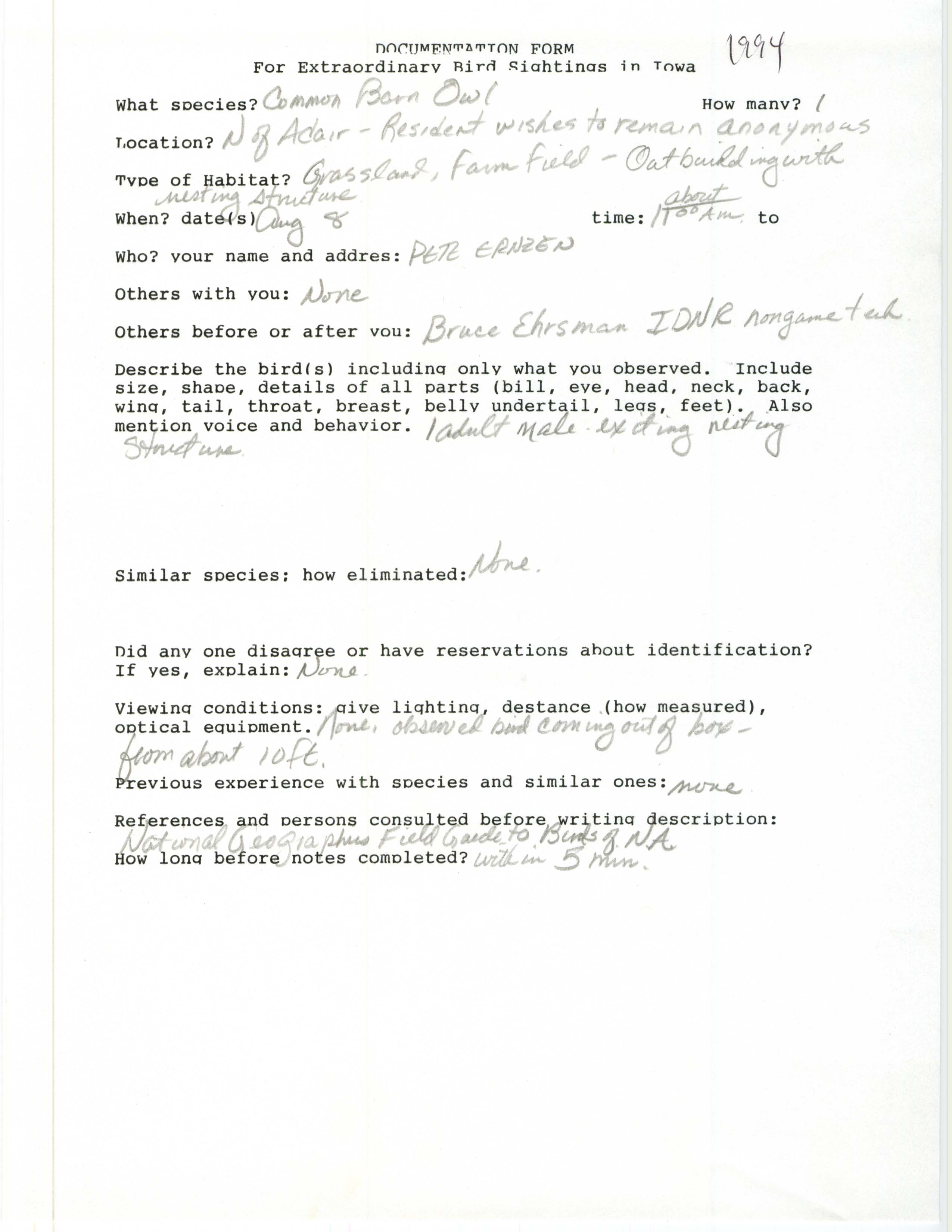 Rare bird documentation form for Barn Owl north of Adair in 1994