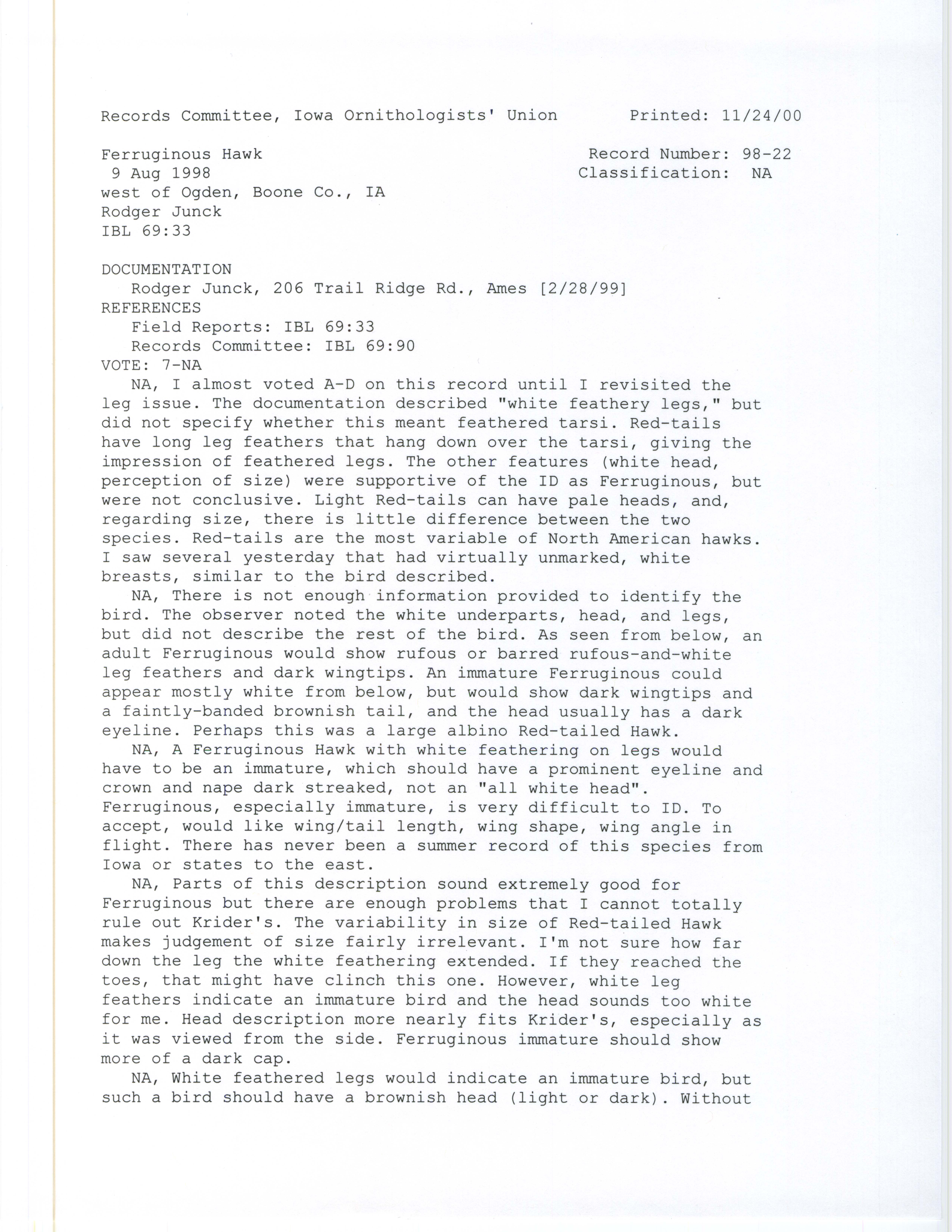 Records Committee review for rare bird sighting of Ferruginous Hawk west of Ogden, 1998