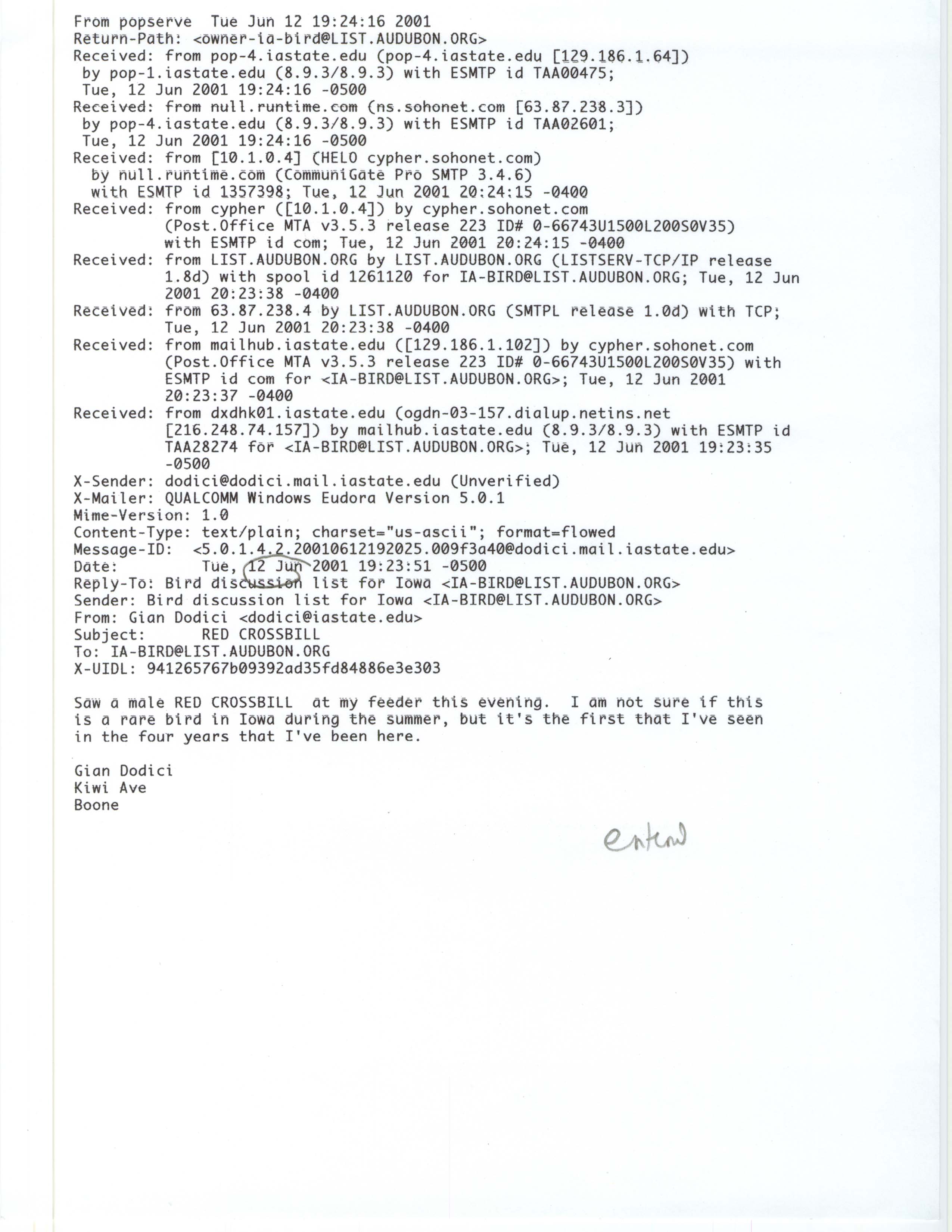 Gian Dodici email to IA-BIRDS mailing list regarding the sighting of a Red Crossbill, June 12, 2001