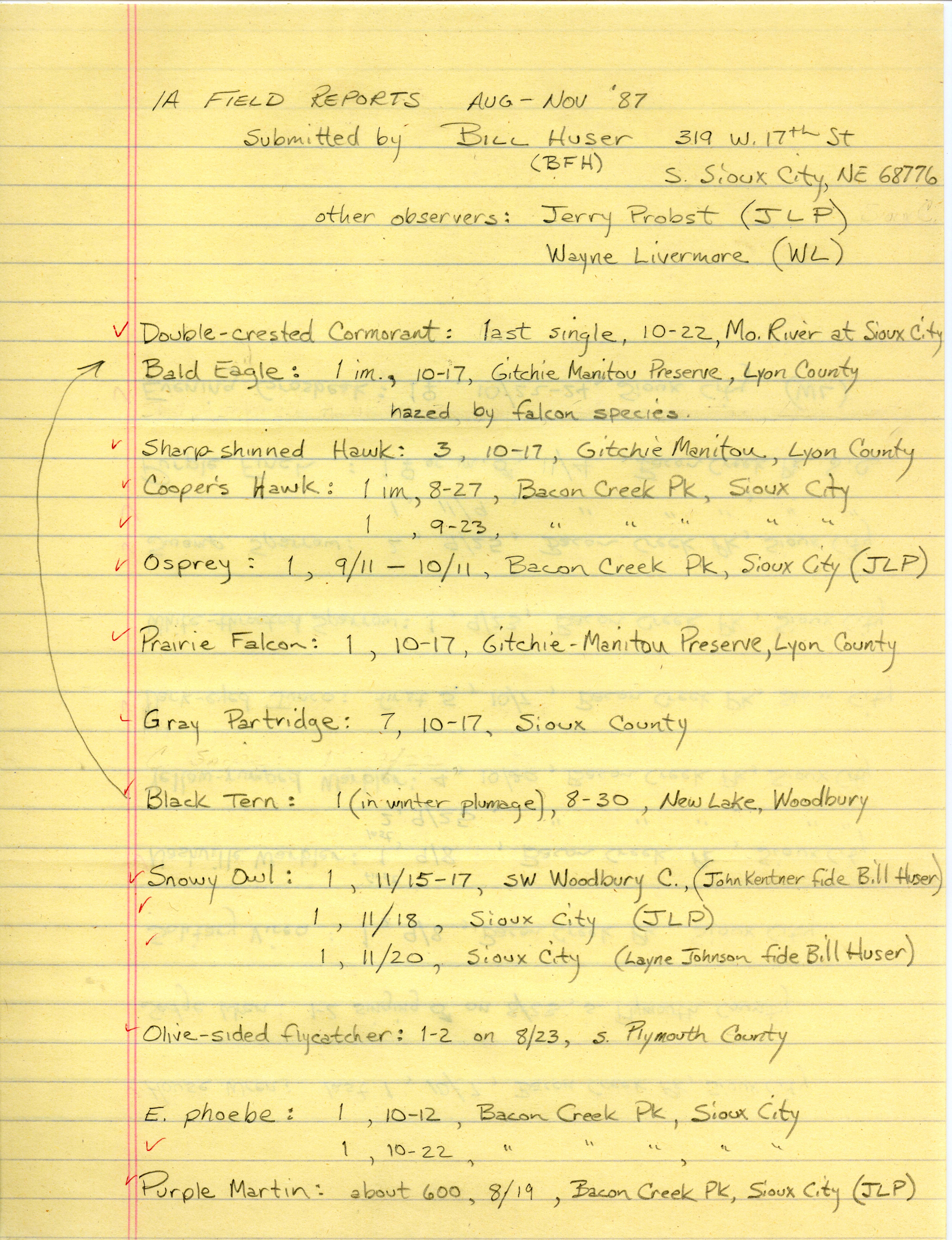 Field notes contributed by Bill F. Huser, fall 1987