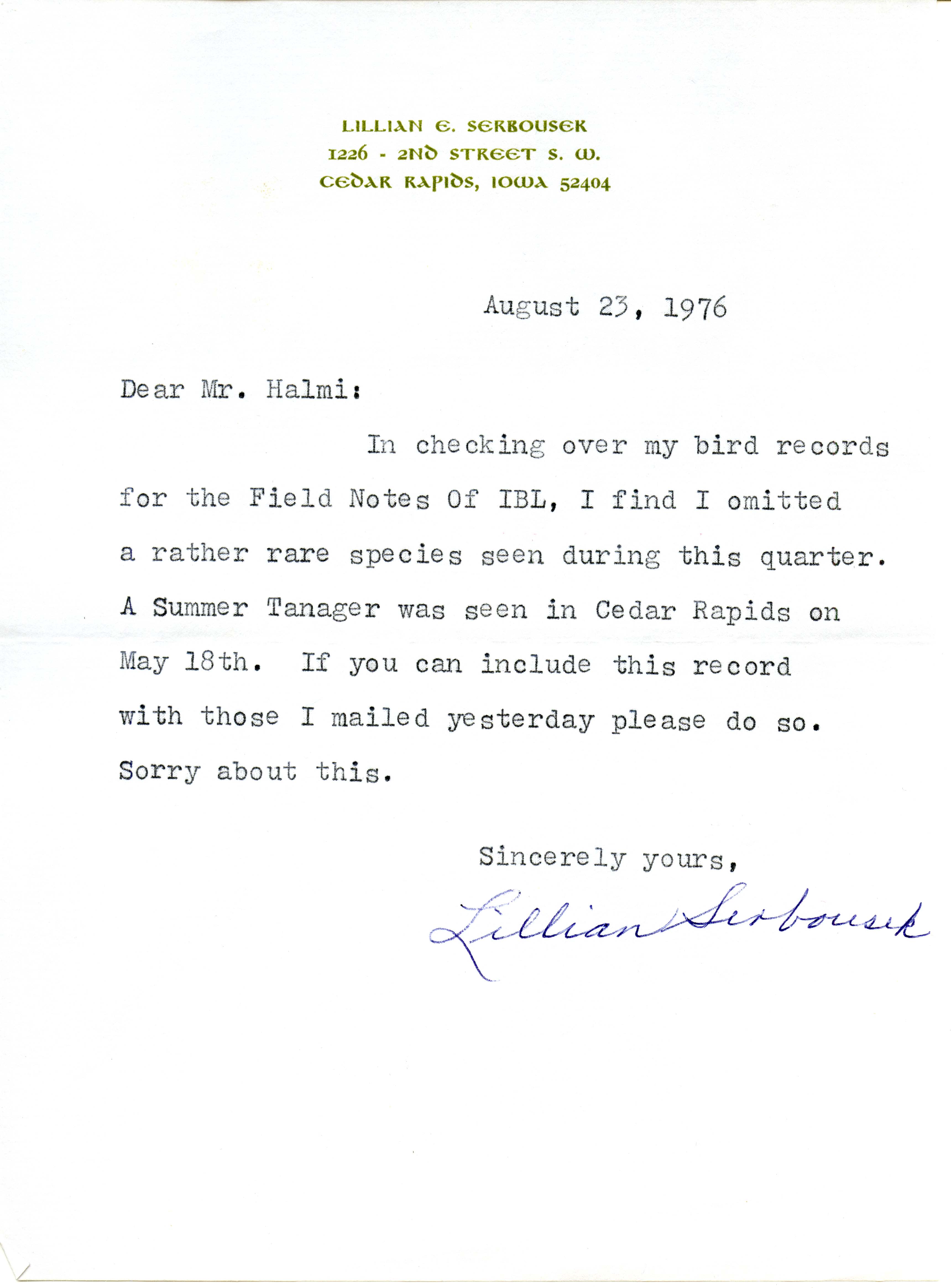 Letter from Lillian E. Serbousek to Nicholas Halmi regarding a rare bird sighting in Cedar Rapids , August 23, 1976