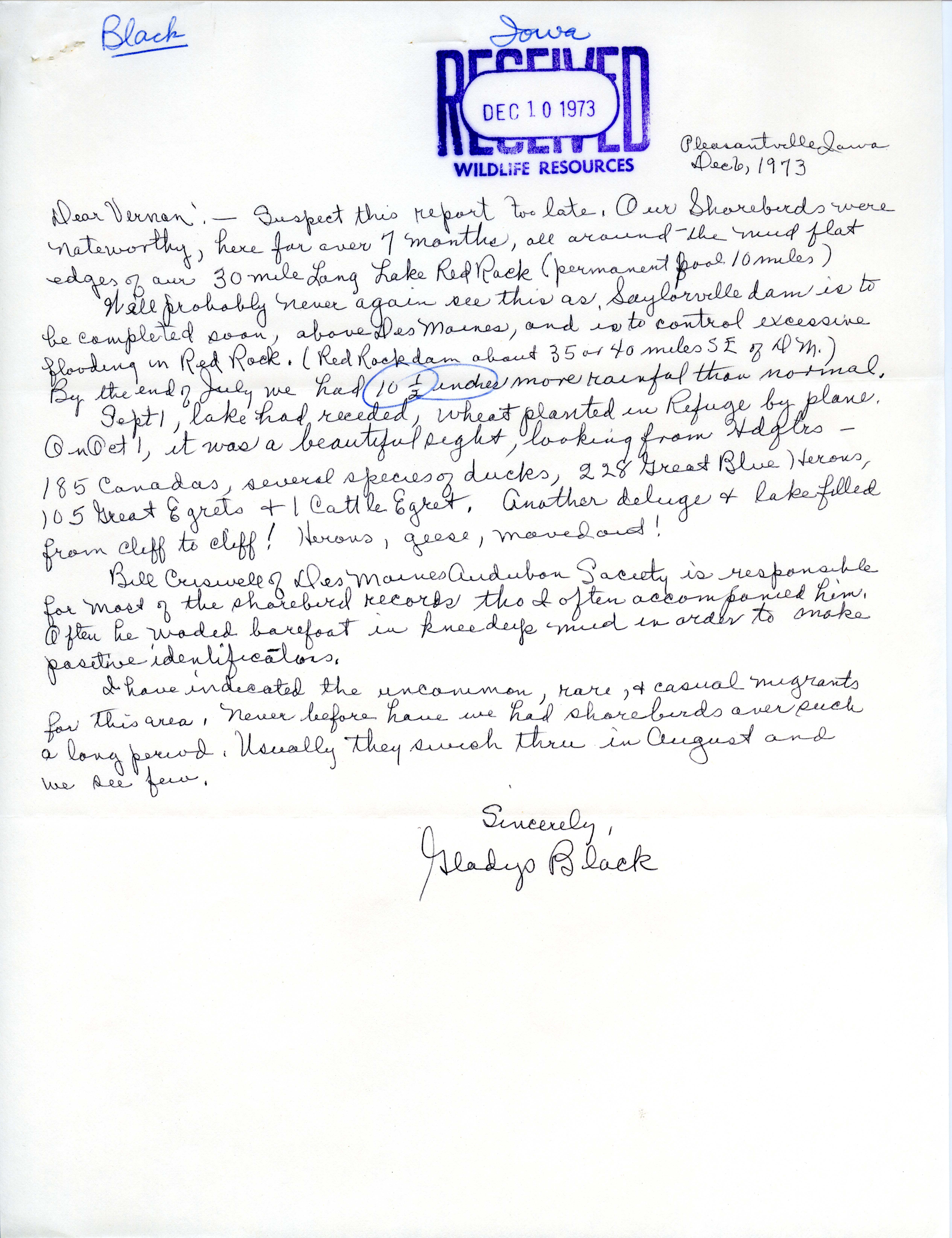 Gladys Black letter to Vernon M. Kleen regarding shorebirds observed at Lake Red Rock, December 6, 1973