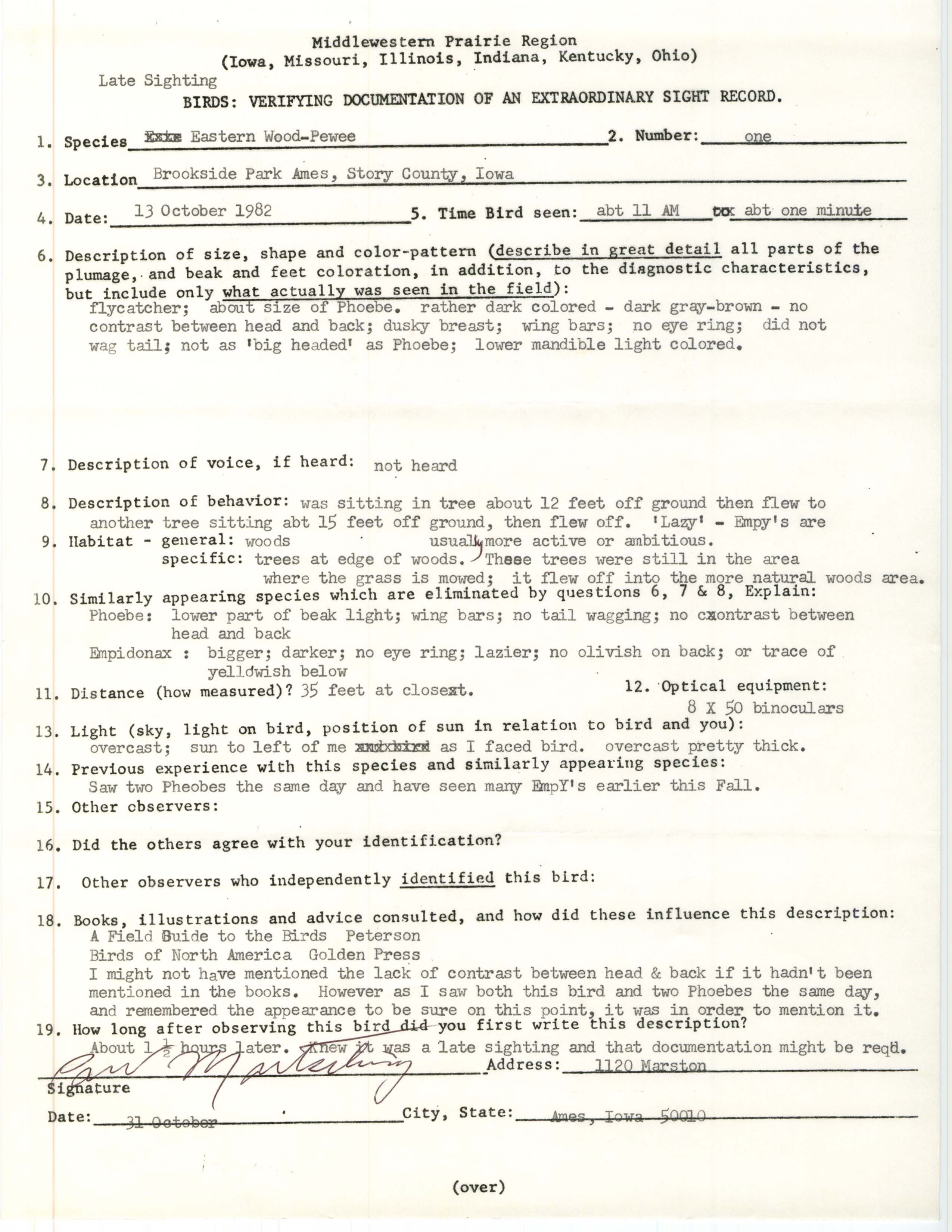 Rare bird documentation form for Eastern Wood-Pewee at Brookside Park in Ames, 1982