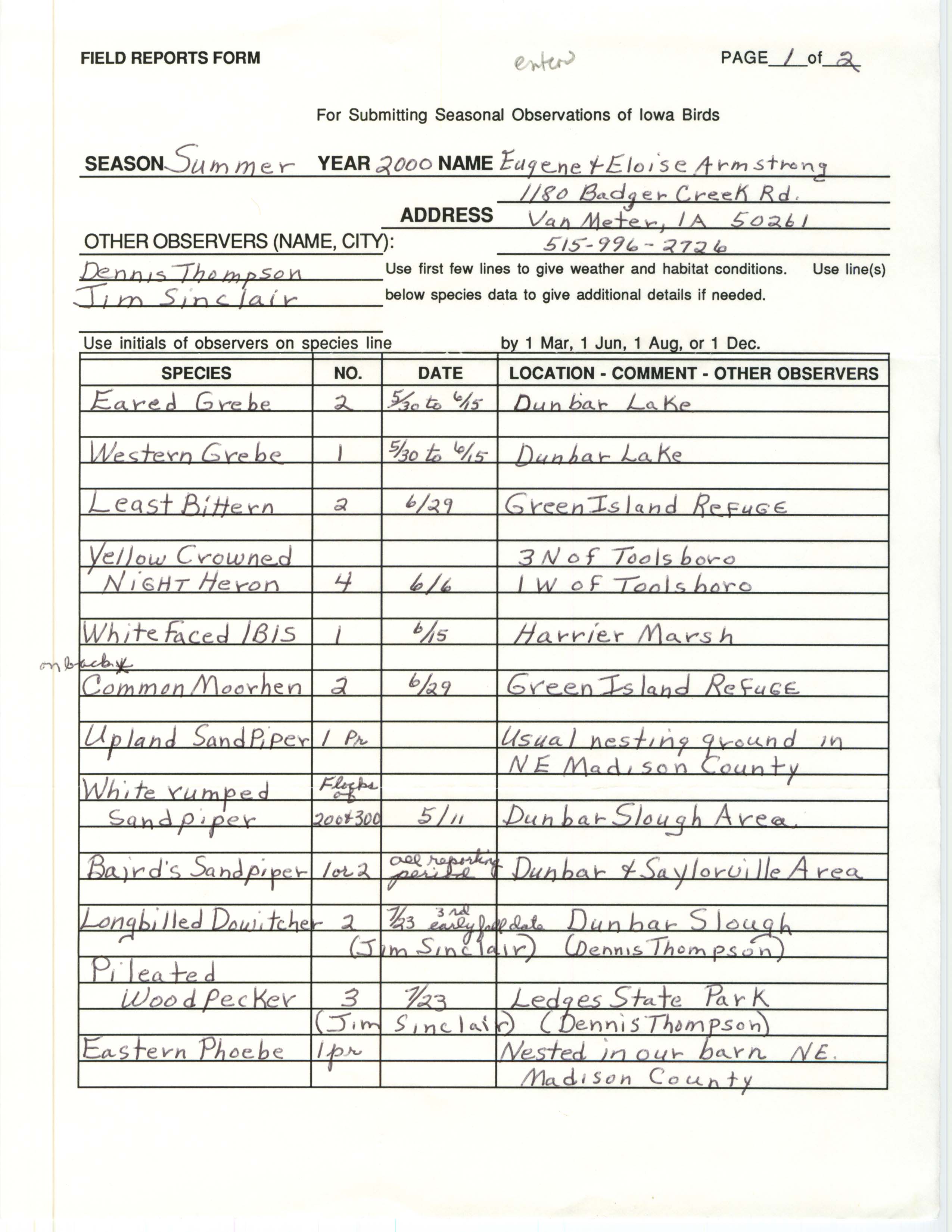 Field reports form for submitting seasonal observations of Iowa birds, Eugene Armstrong and Eloise Armstrong, summer 2000