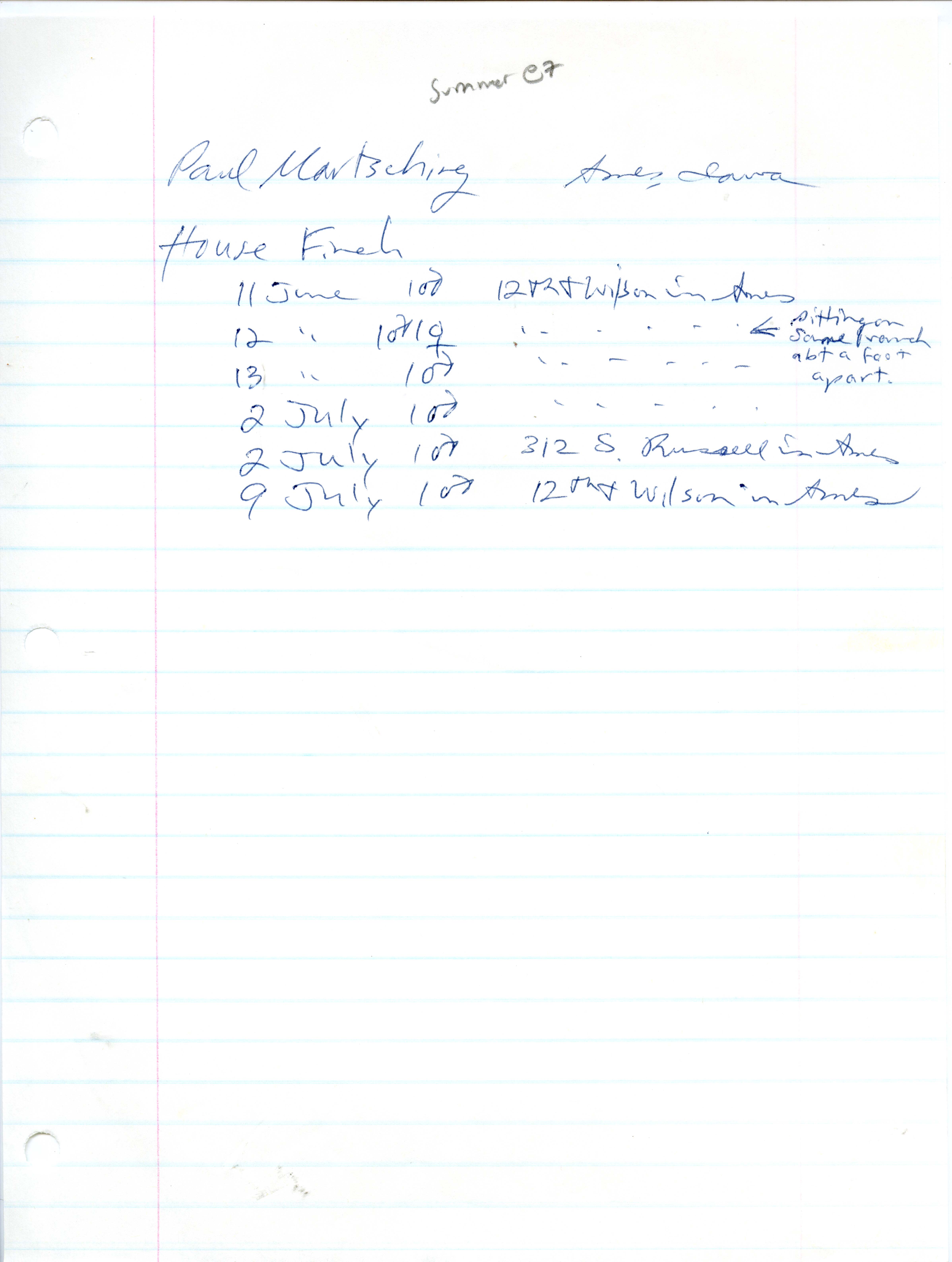 Field notes contributed by Paul Martsching, summer 1987