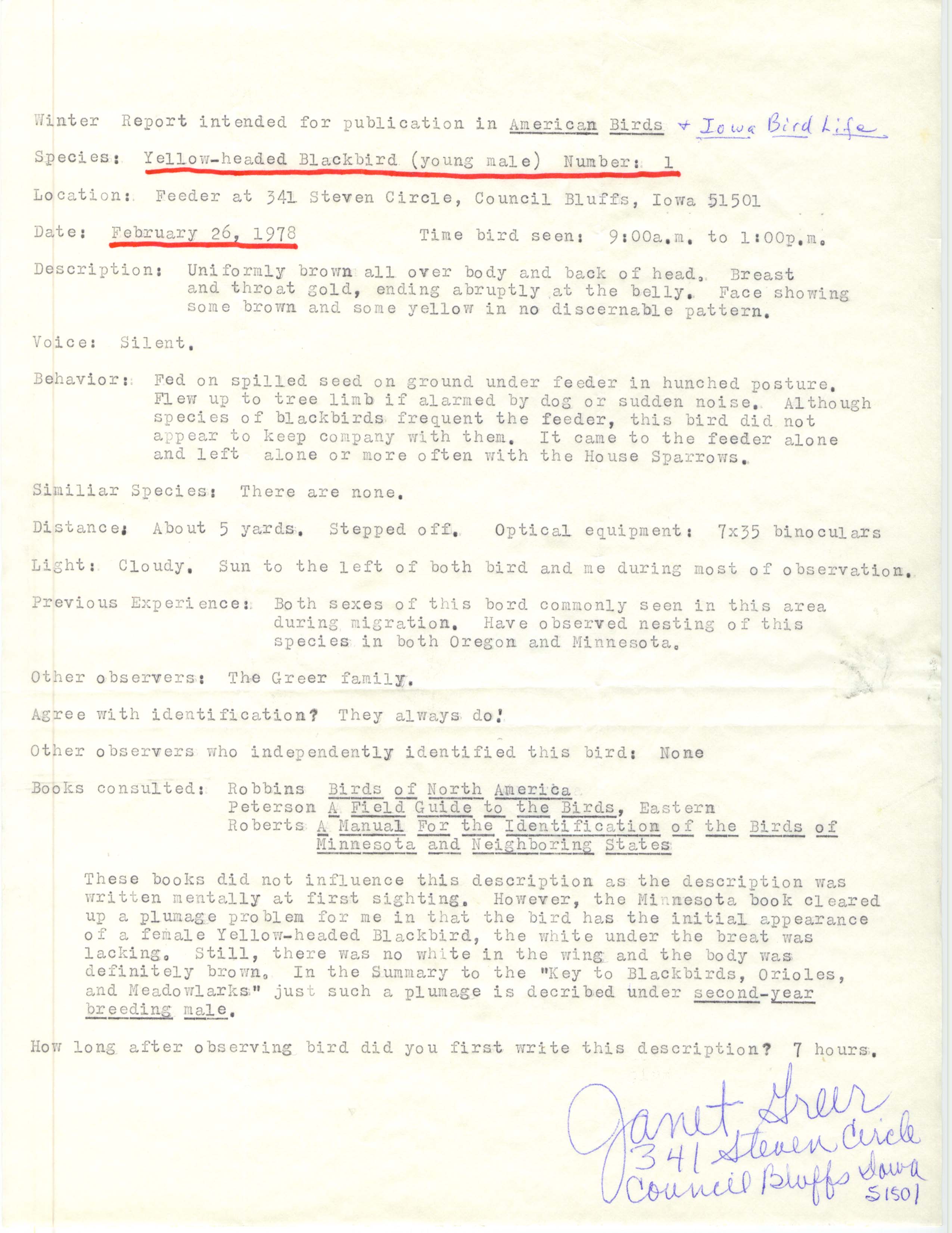 Rare bird documentation form for Yellow-headed Blackbird at Council Bluffs, 1978