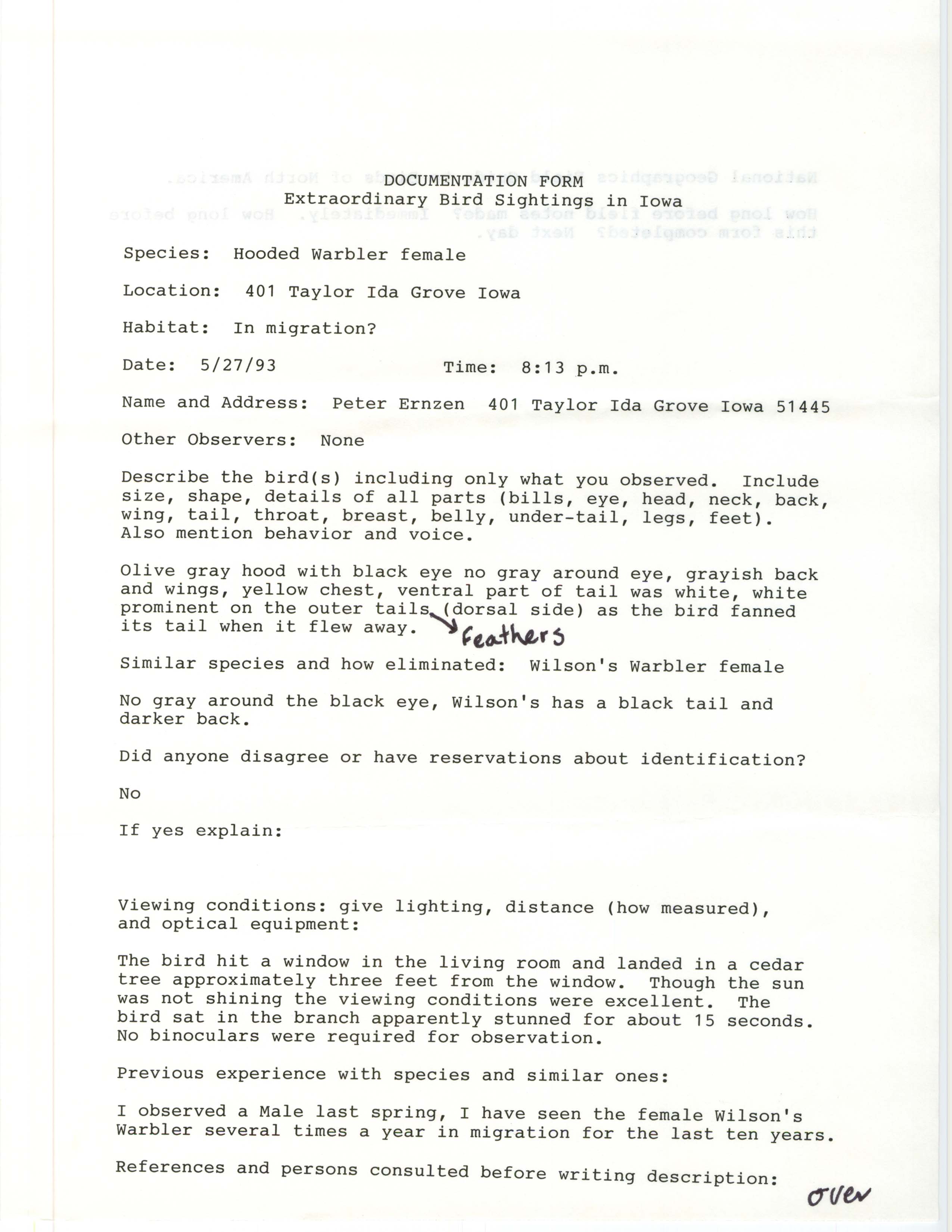 Rare bird documentation form for Hooded Warbler at Ida Grove, 1993