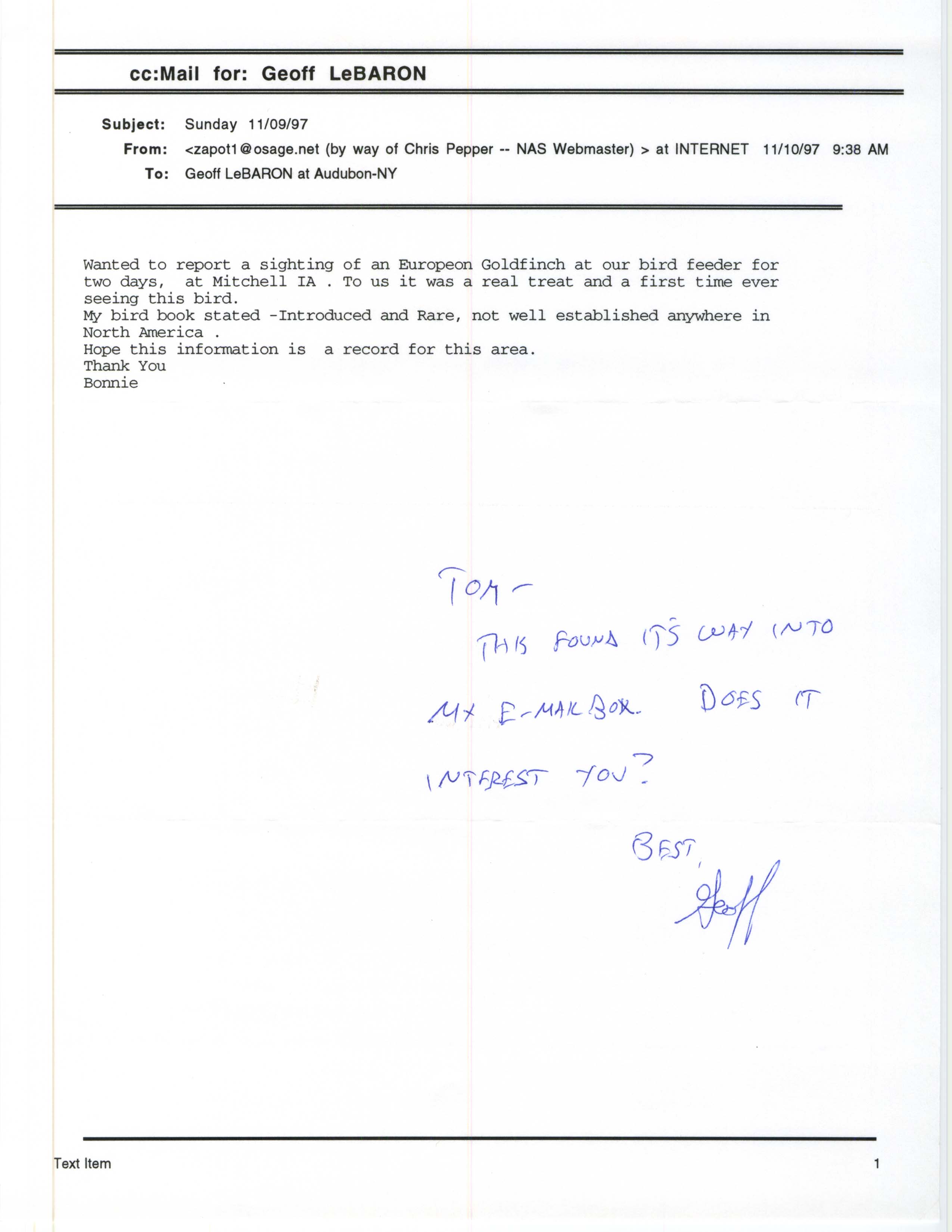 Geoffrey S. LeBaron note and forwarded email to Thomas H. Kent regarding a European Goldfinch sighting, November 10, 1997