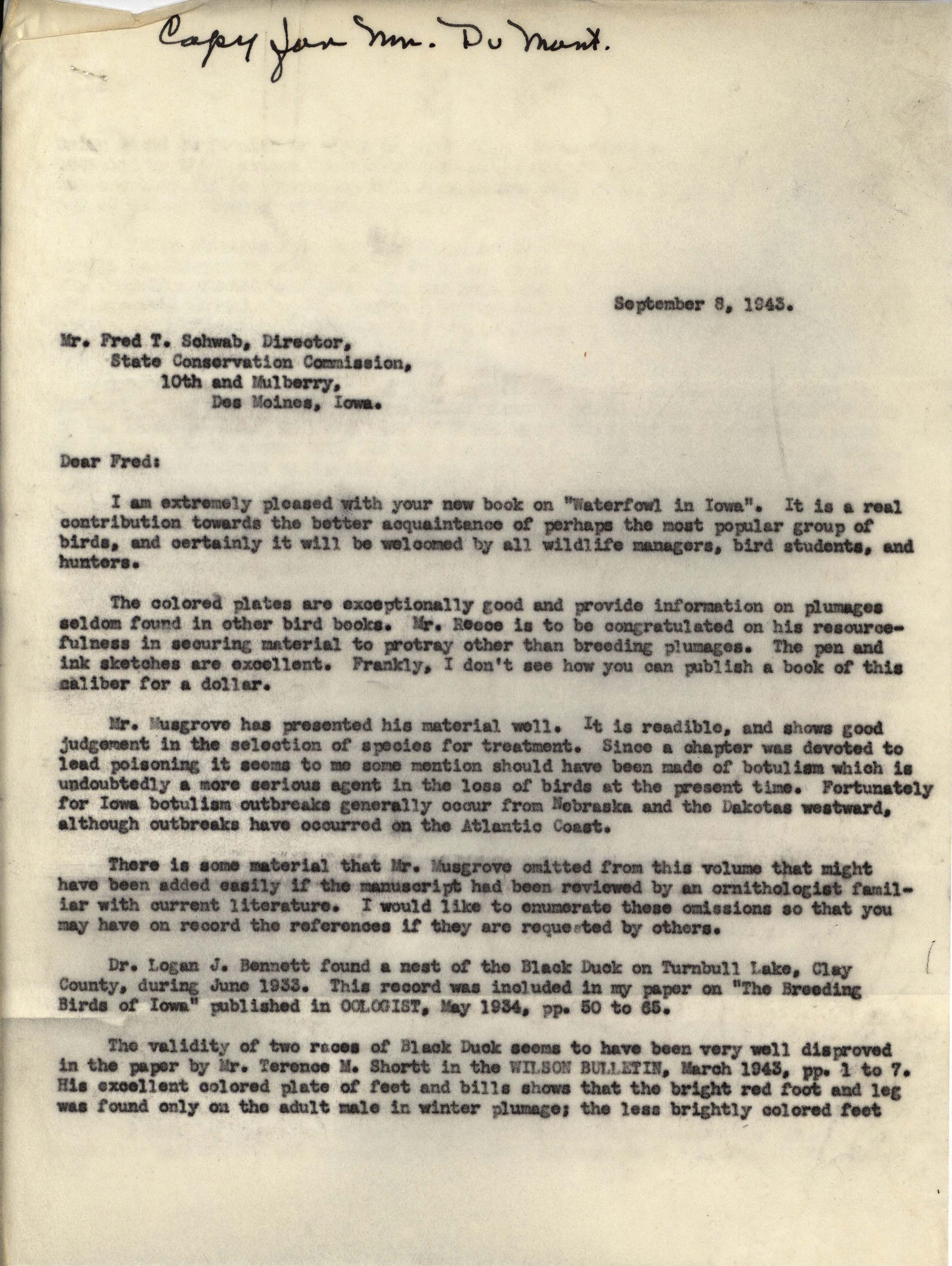 Philip DuMont letter to Fred Schwab regarding 