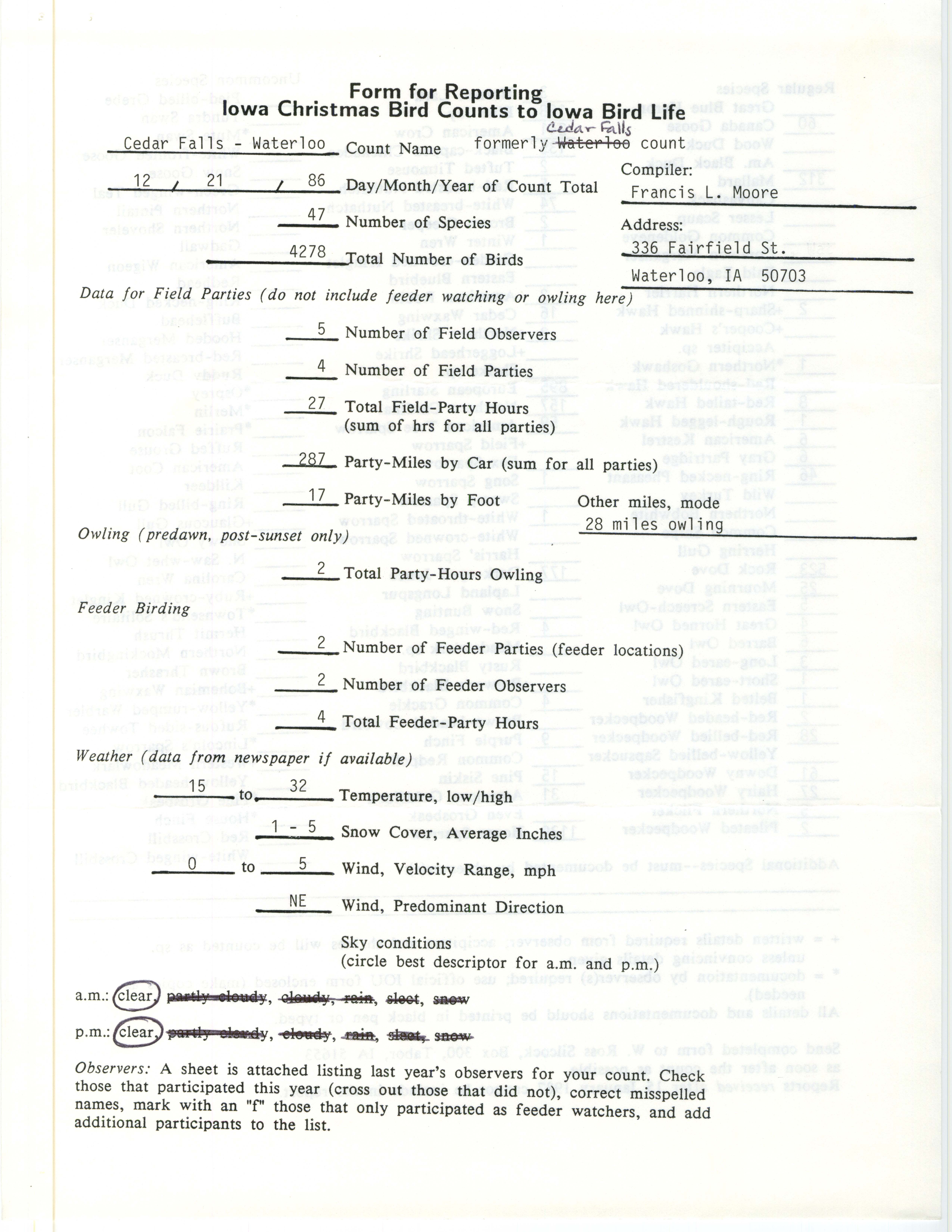 Form for reporting Iowa Christmas bird counts to Iowa Bird Life, Francis L. Moore, December 21, 1986