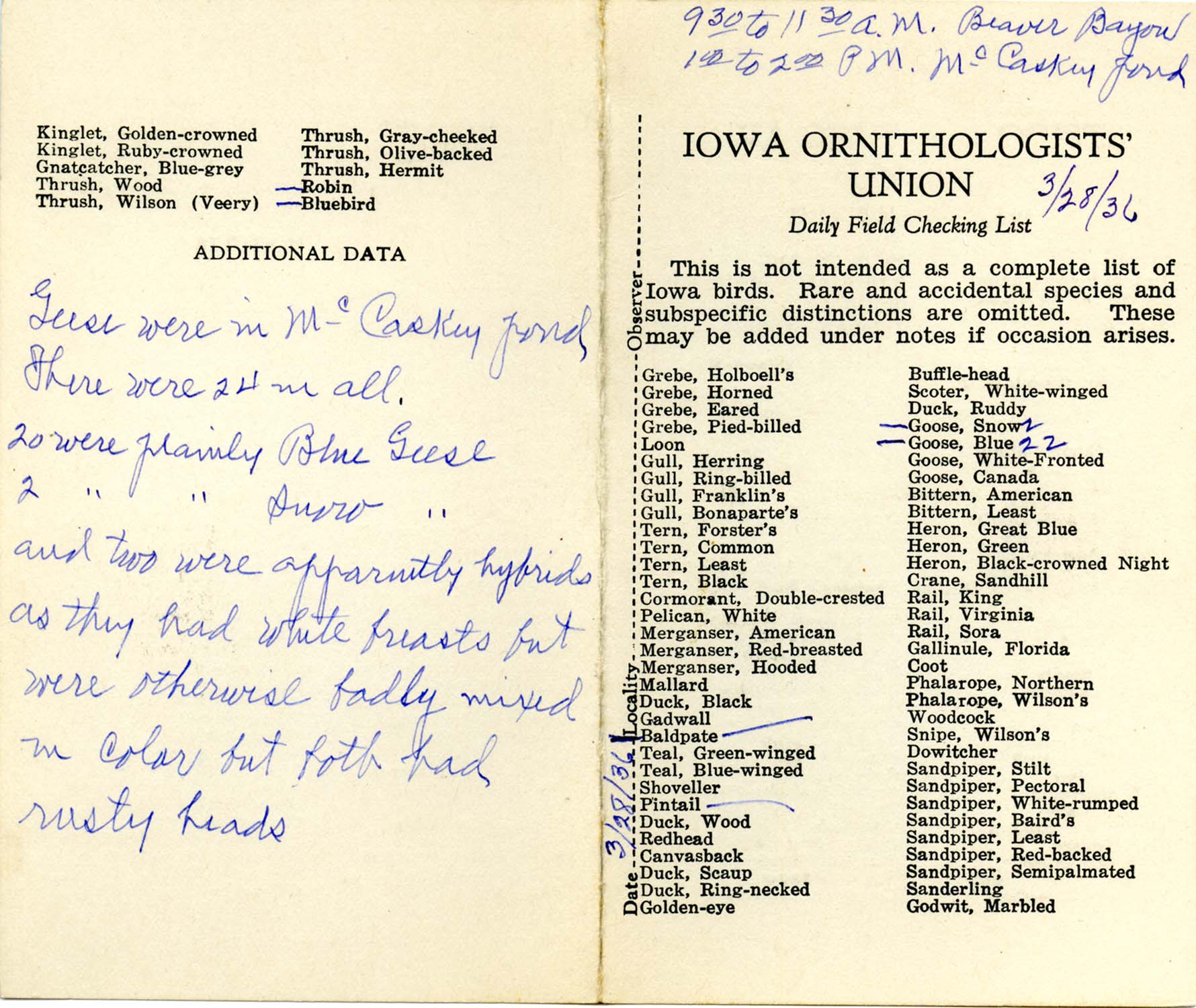 Daily field checking list by Walter Rosene, March 28, 1936