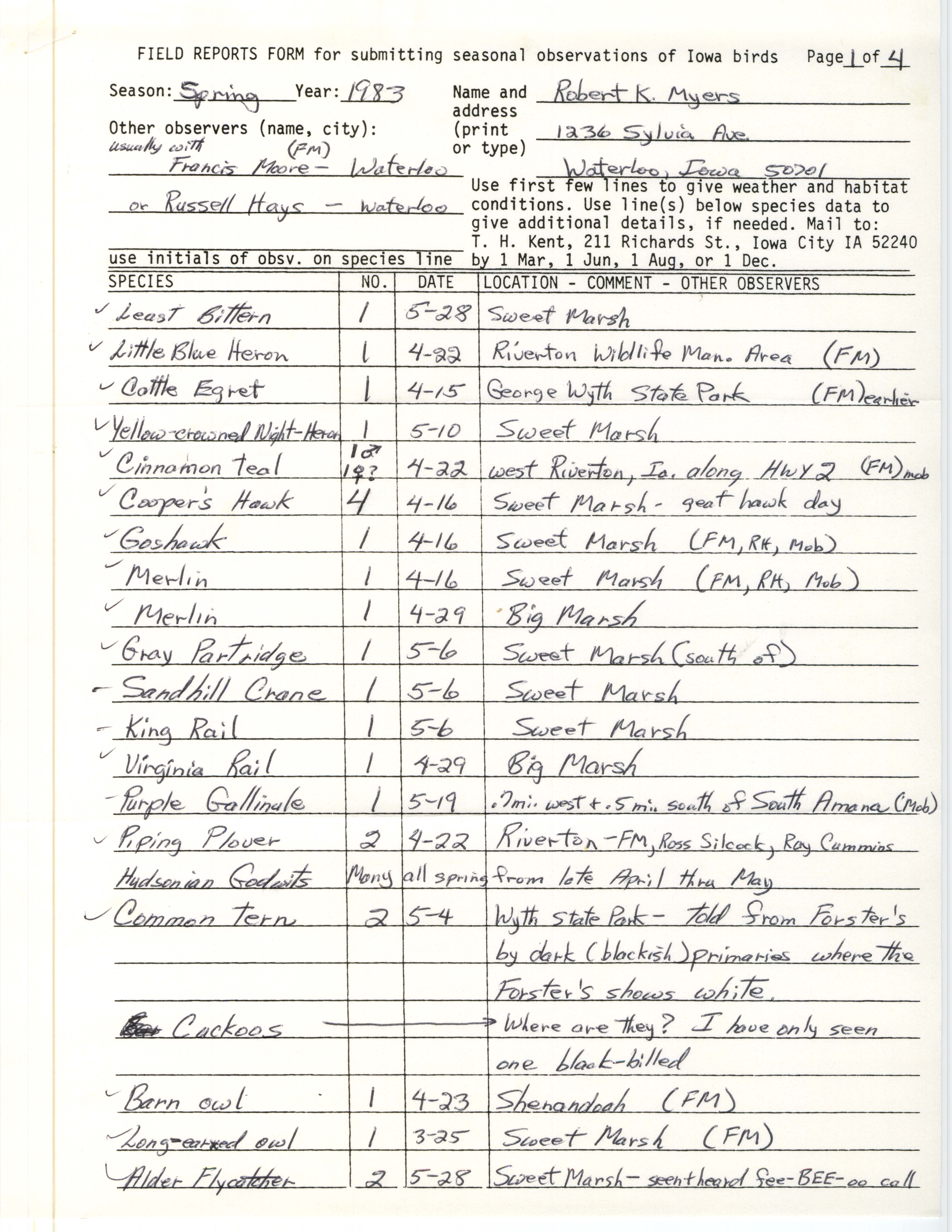 Field reports form for submitting seasonal observations of Iowa birds, Robert K. Myers, spring 1983