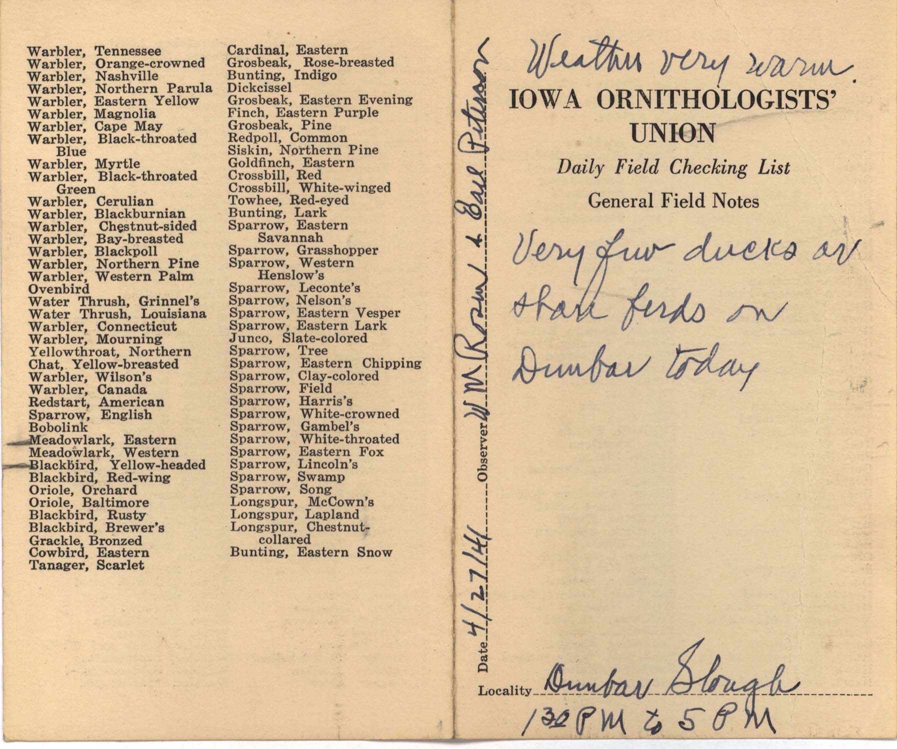Daily field checking list by Walter Rosene, April 27, 1941