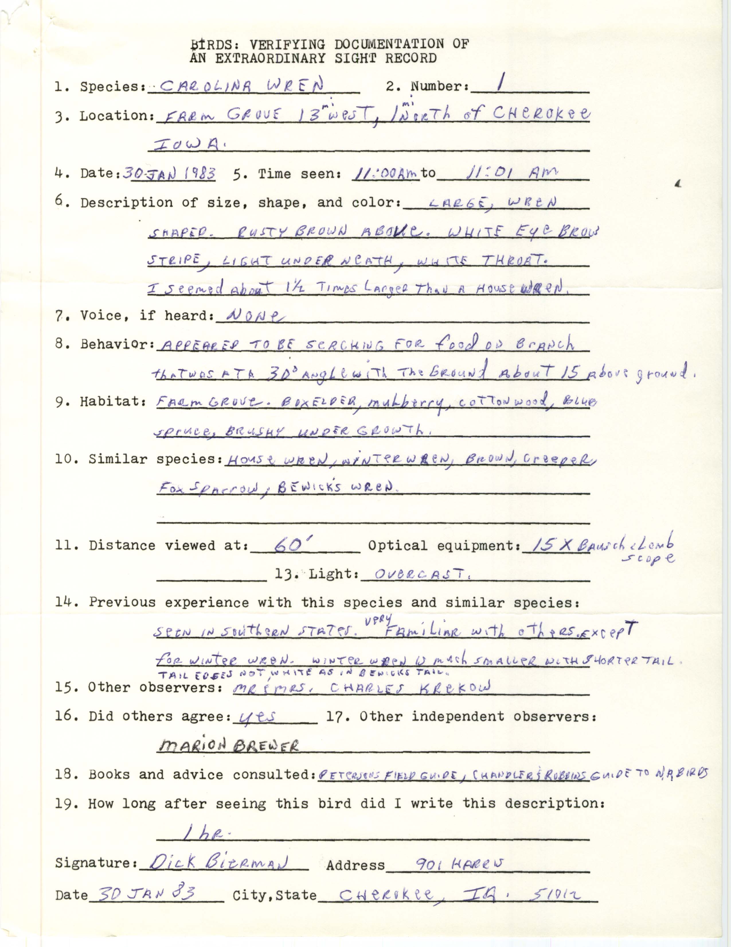 Rare bird documentation form for Carolina Wren in Cherokee County, 1983