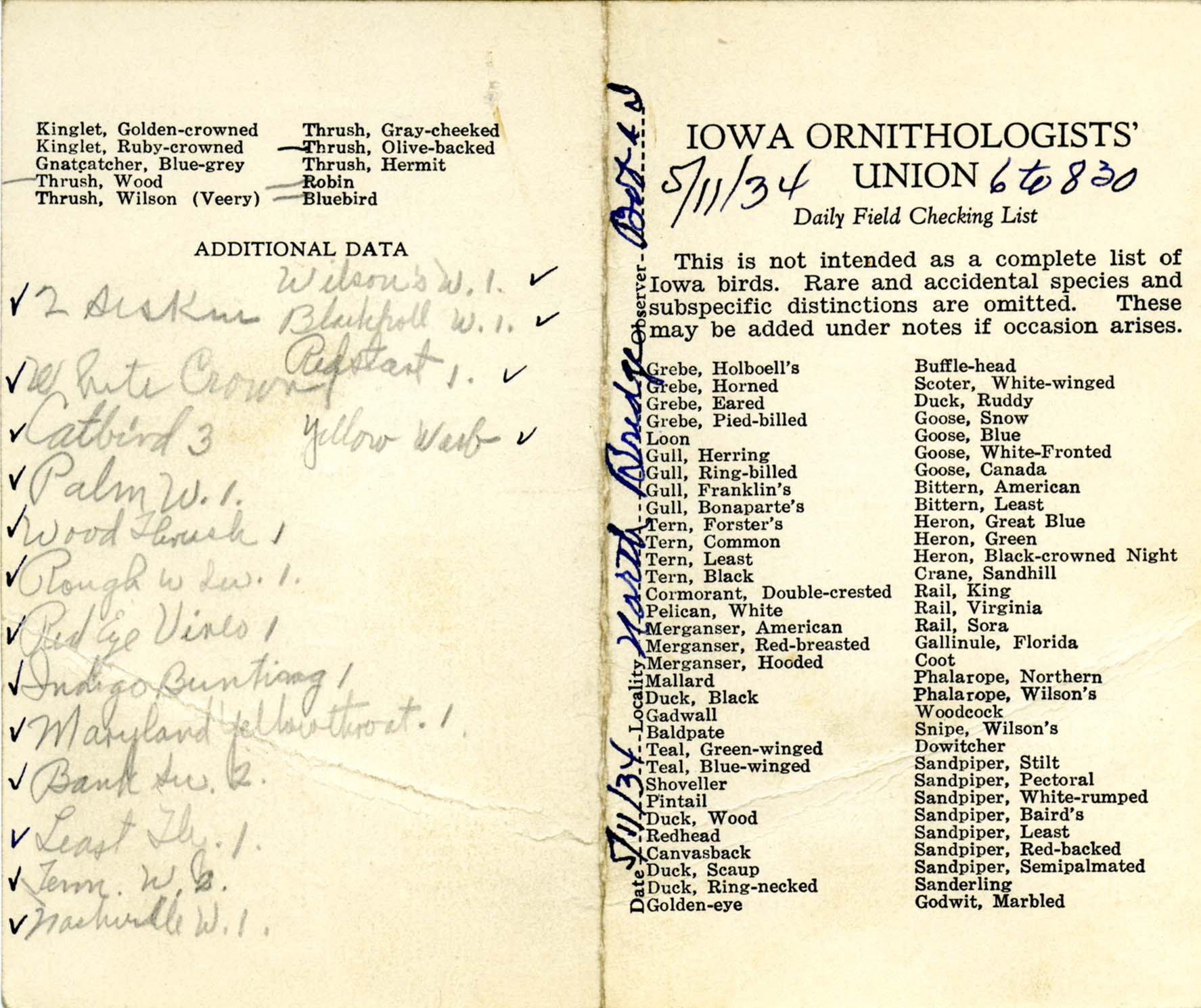 Daily field checking list, Walter Rosene, May 11, 1934